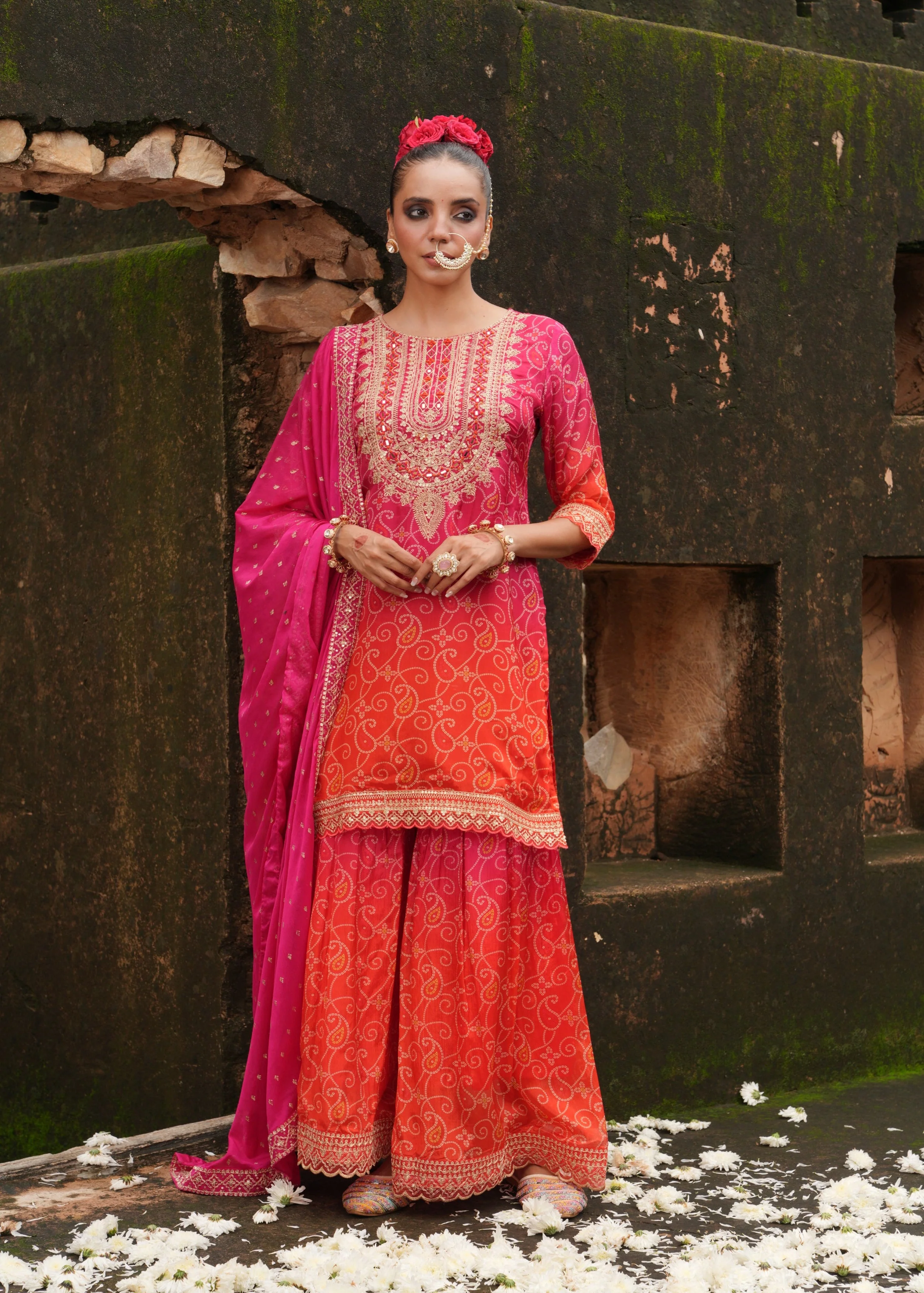Rich Pink Embellished Chinon Silk Sharara Set - Image 5