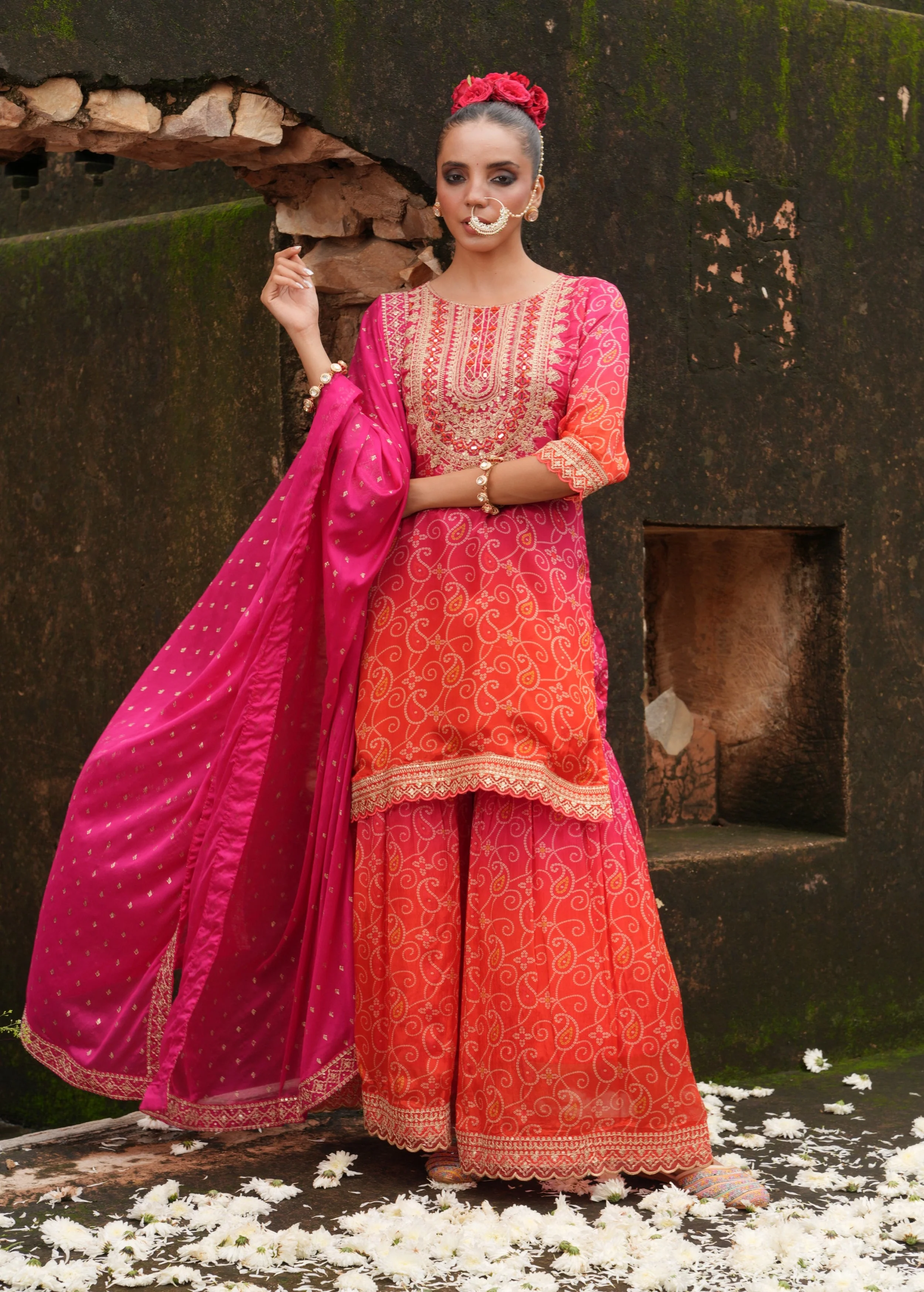 Rich Pink Embellished Chinon Silk Sharara Set - Image 6