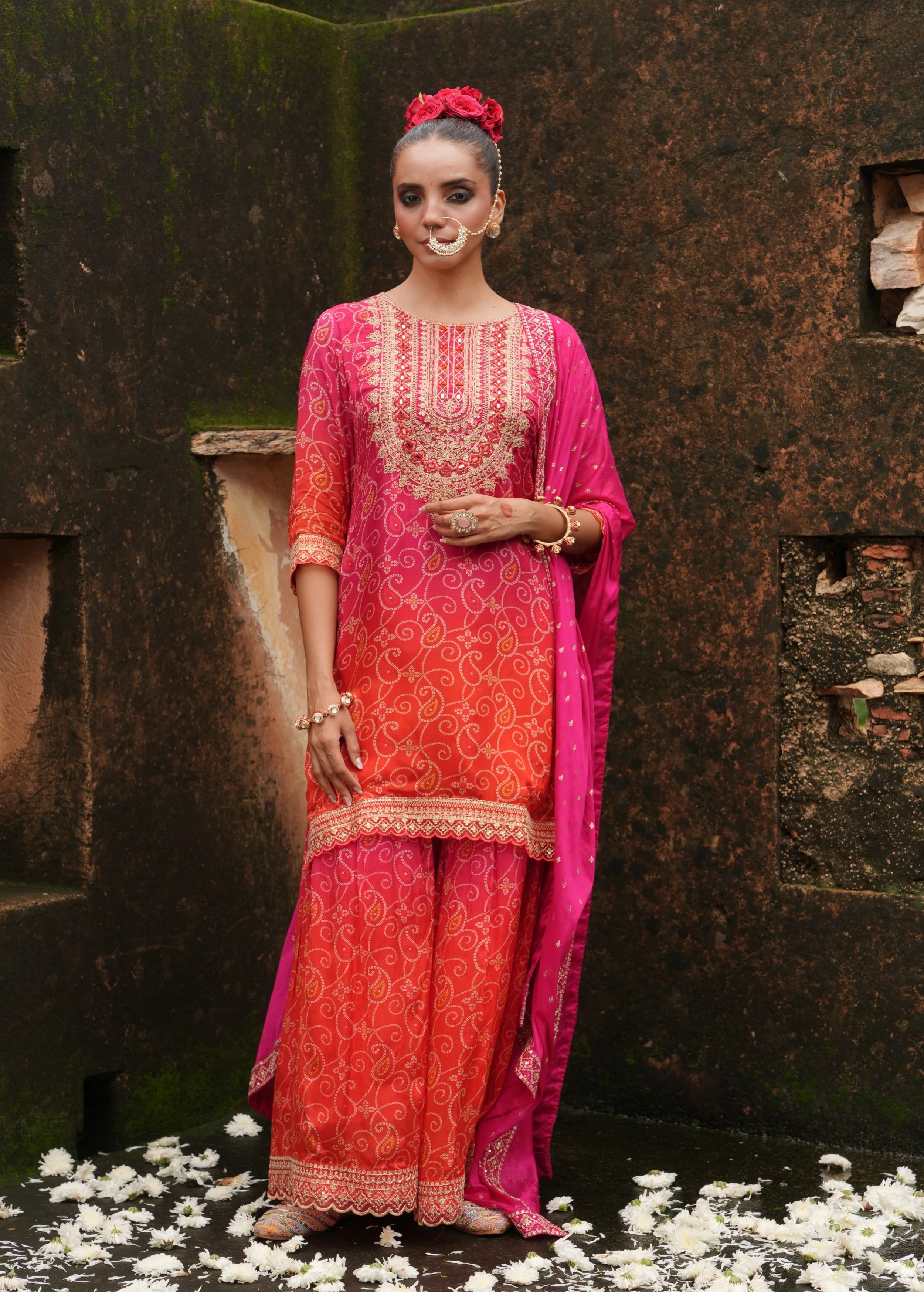 Rich Pink Embellished Chinon Silk Sharara Set - Image 7
