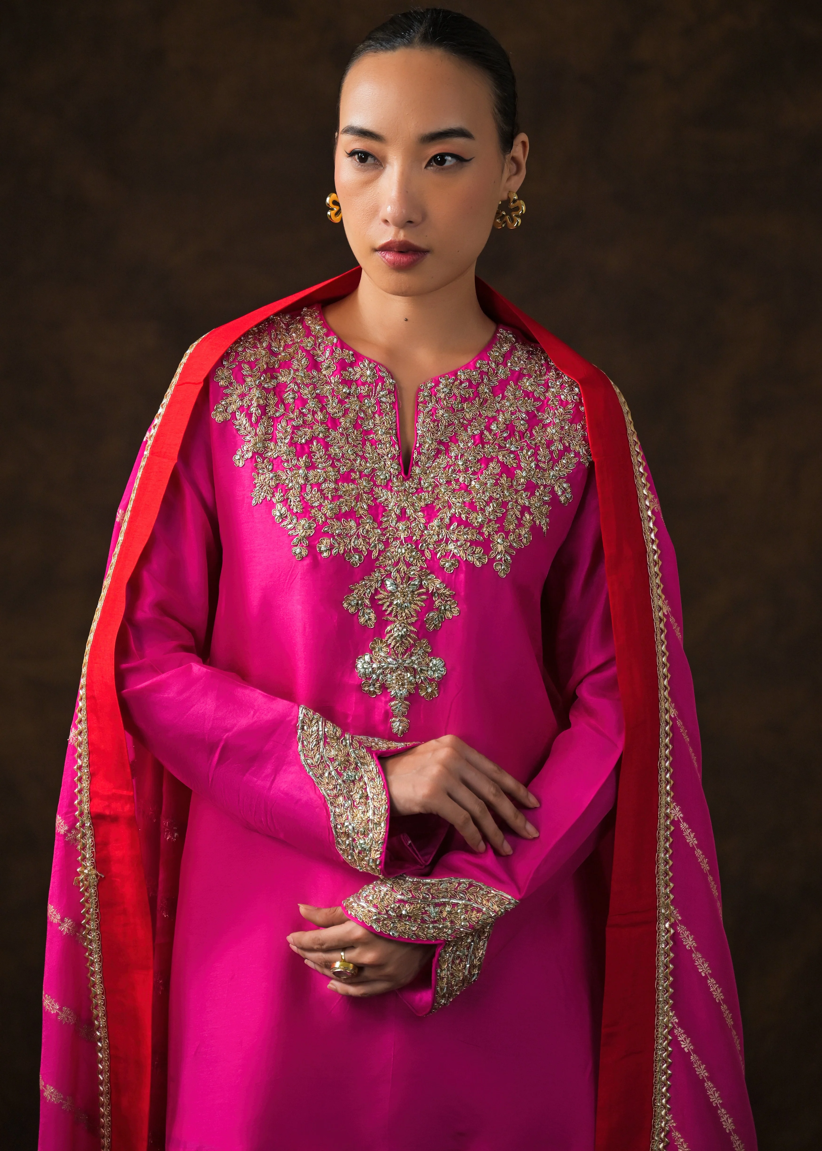 Rich Pink Embellished Raw Silk Palazzo Set - Image 2