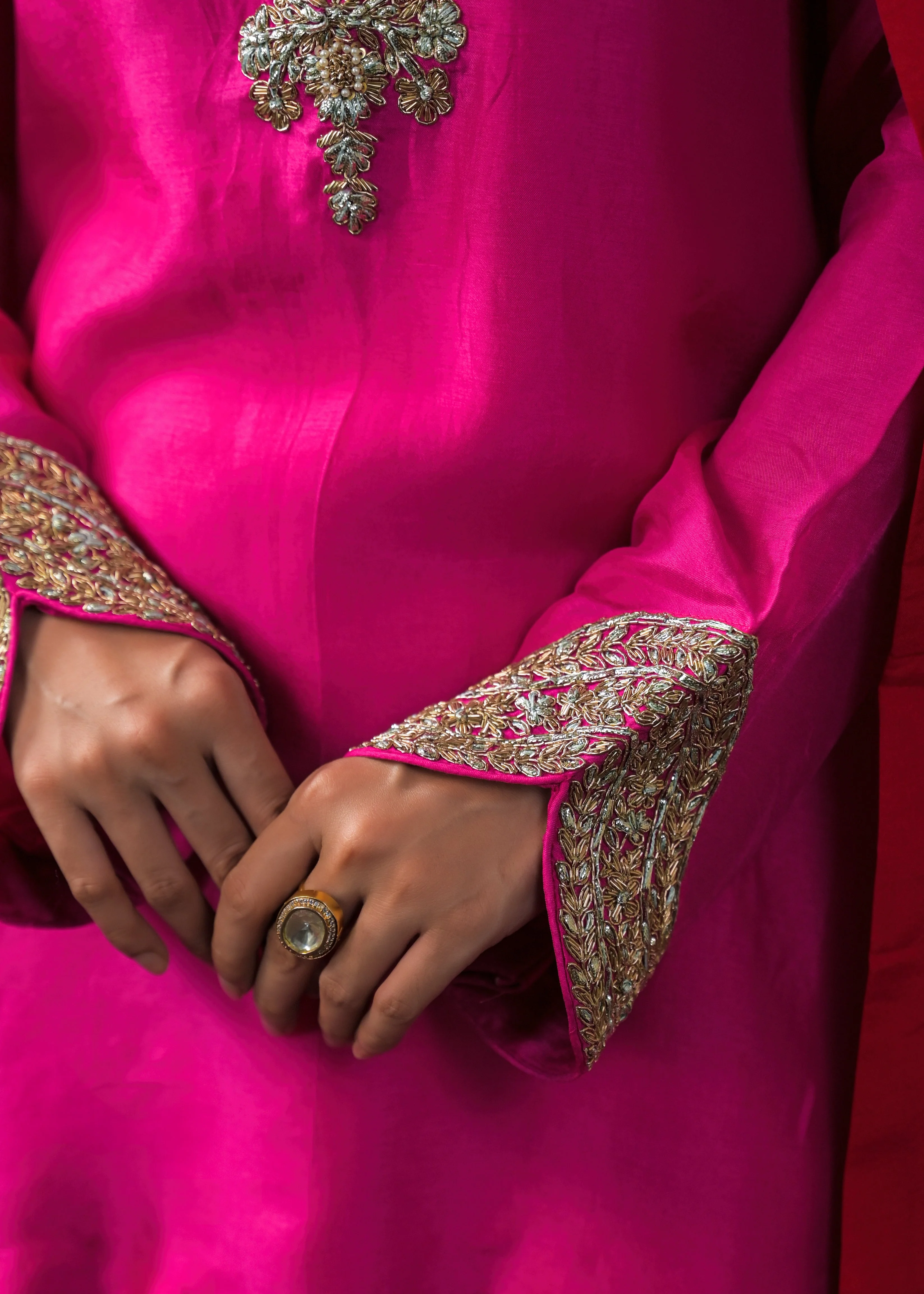 Rich Pink Embellished Raw Silk Palazzo Set - Image 3