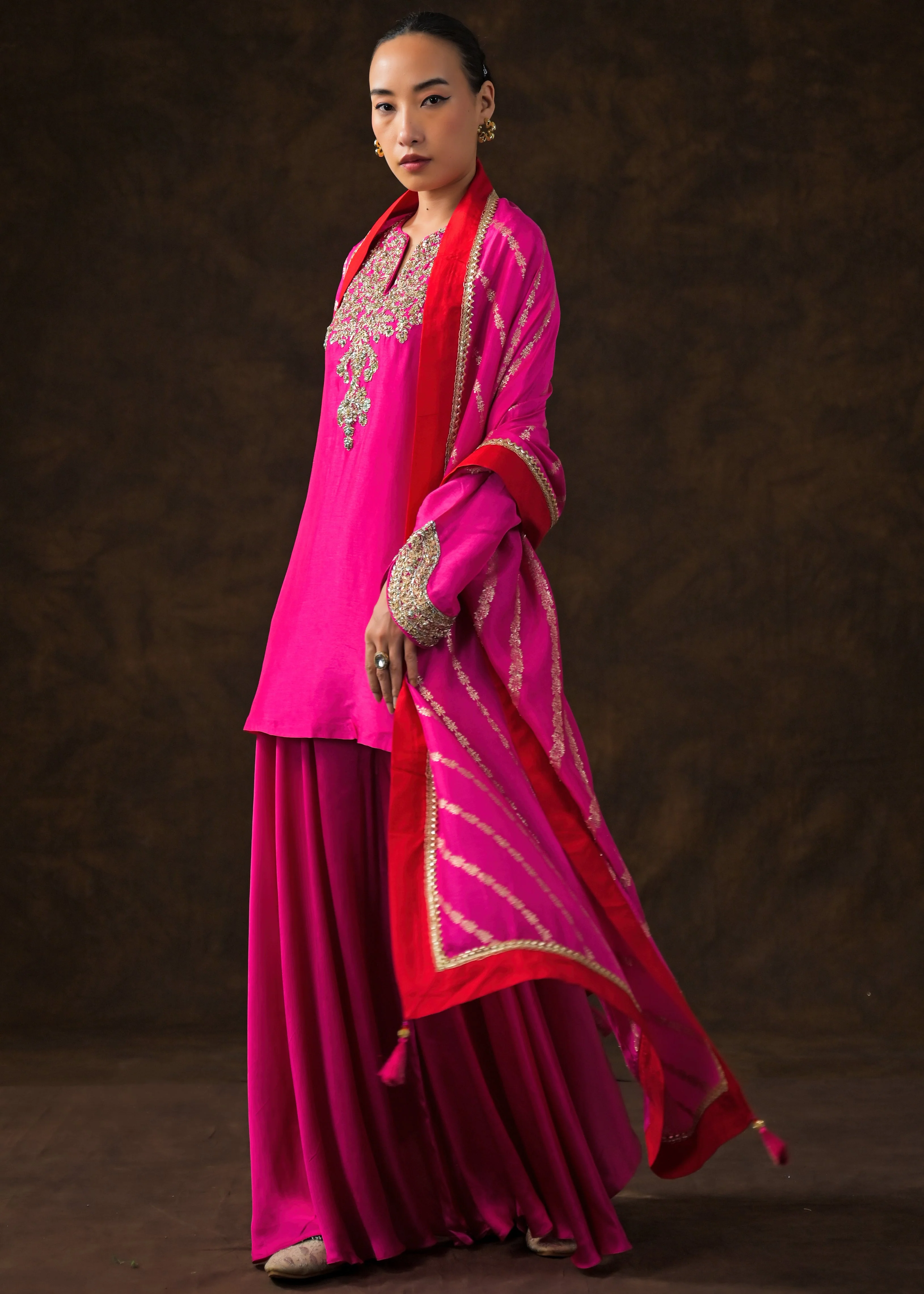 Rich Pink Embellished Raw Silk Palazzo Set - Image 4