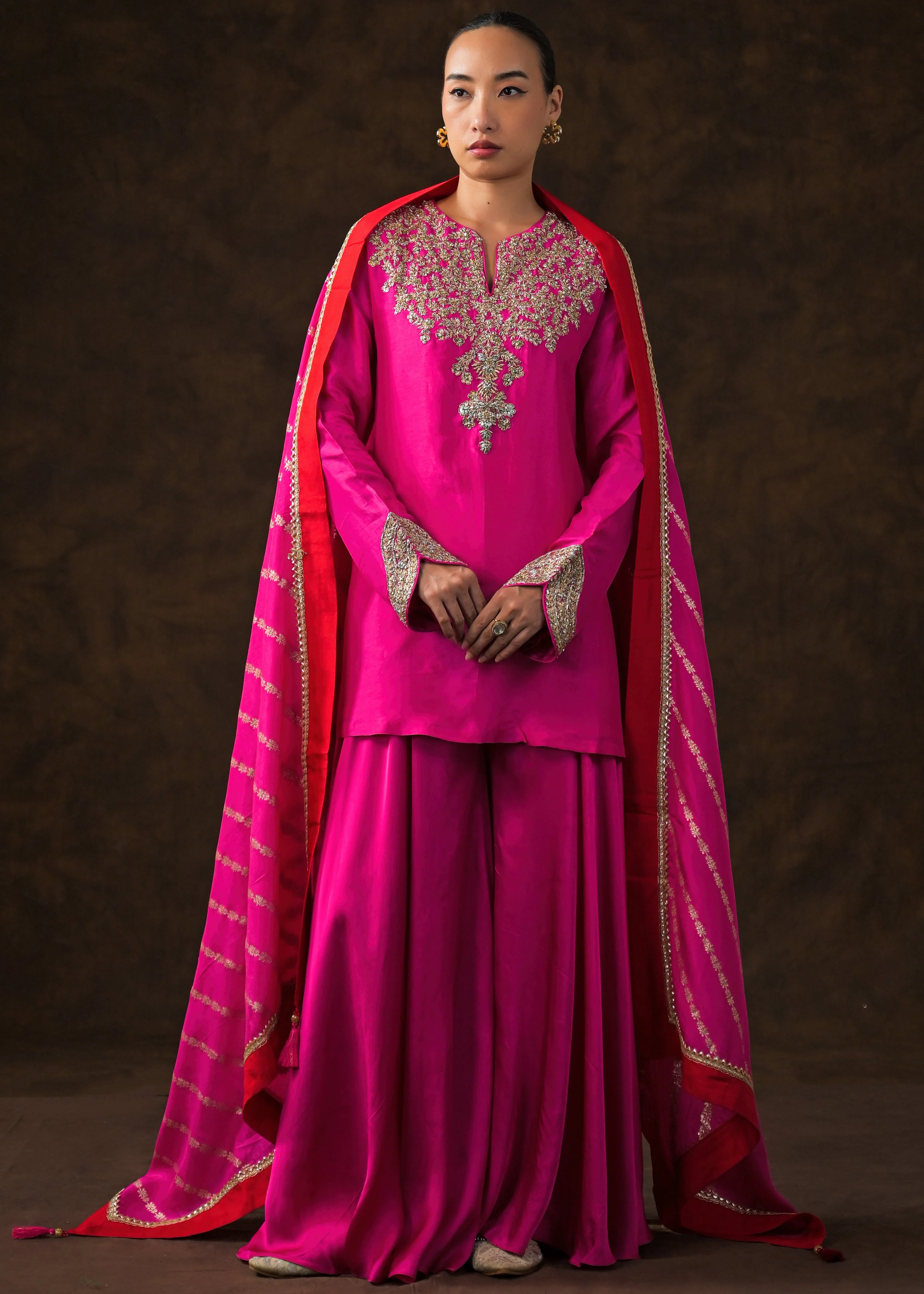 Rich Pink Embellished Raw Silk Palazzo Set - Image 5