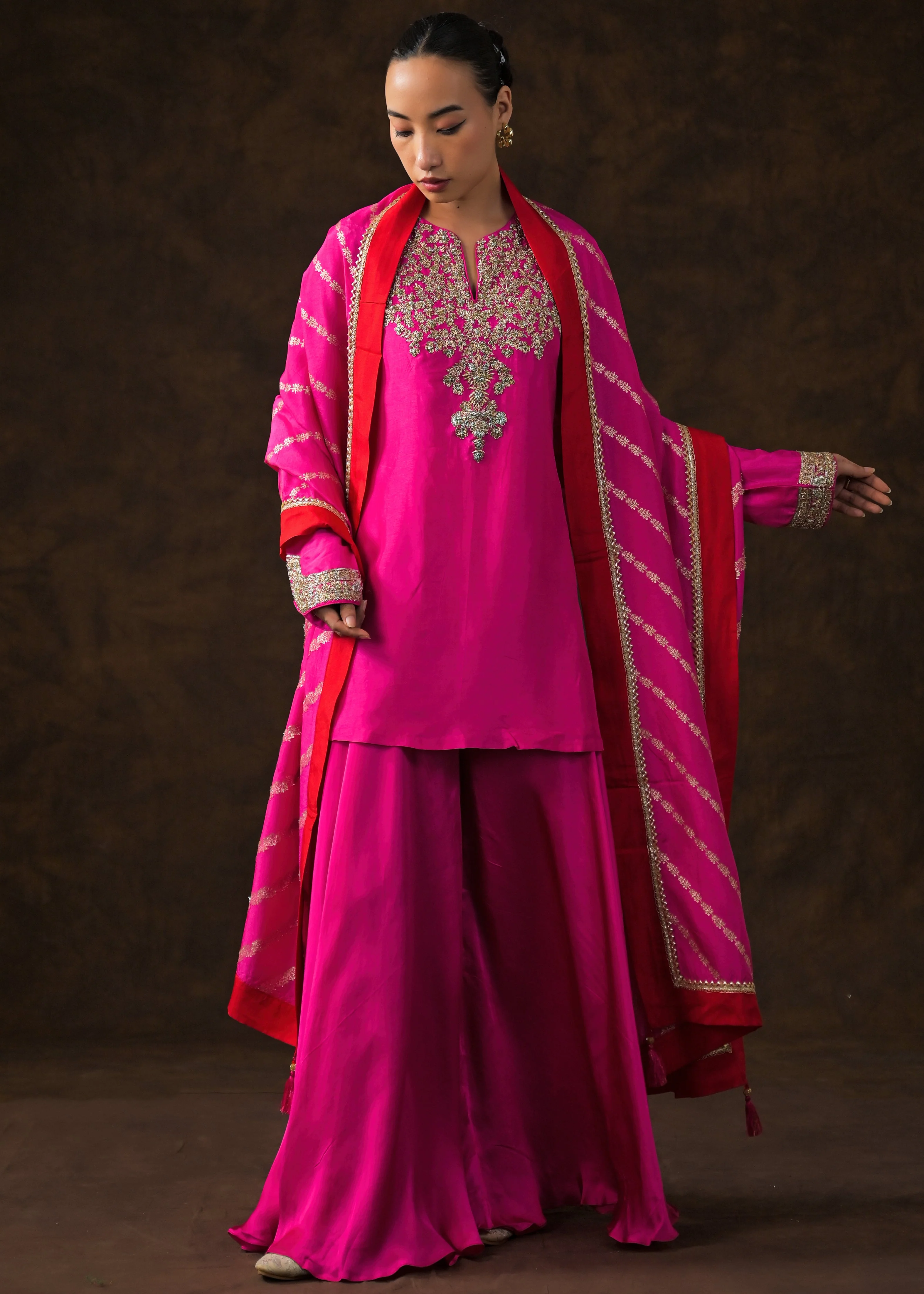 Rich Pink Embellished Raw Silk Palazzo Set - Image 6