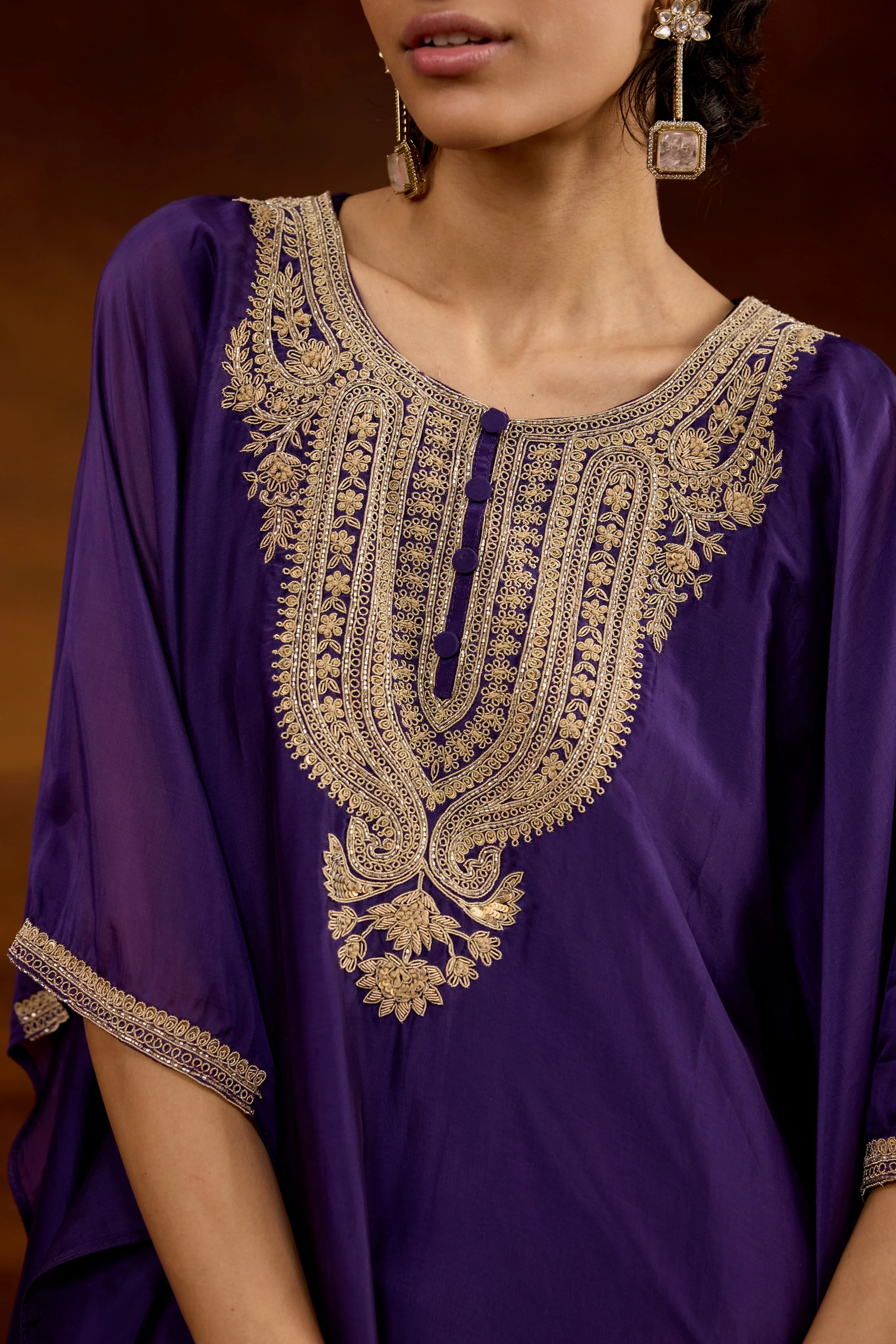 Royal Purple Embellished Satin Silk Kaftan Set - Image 2