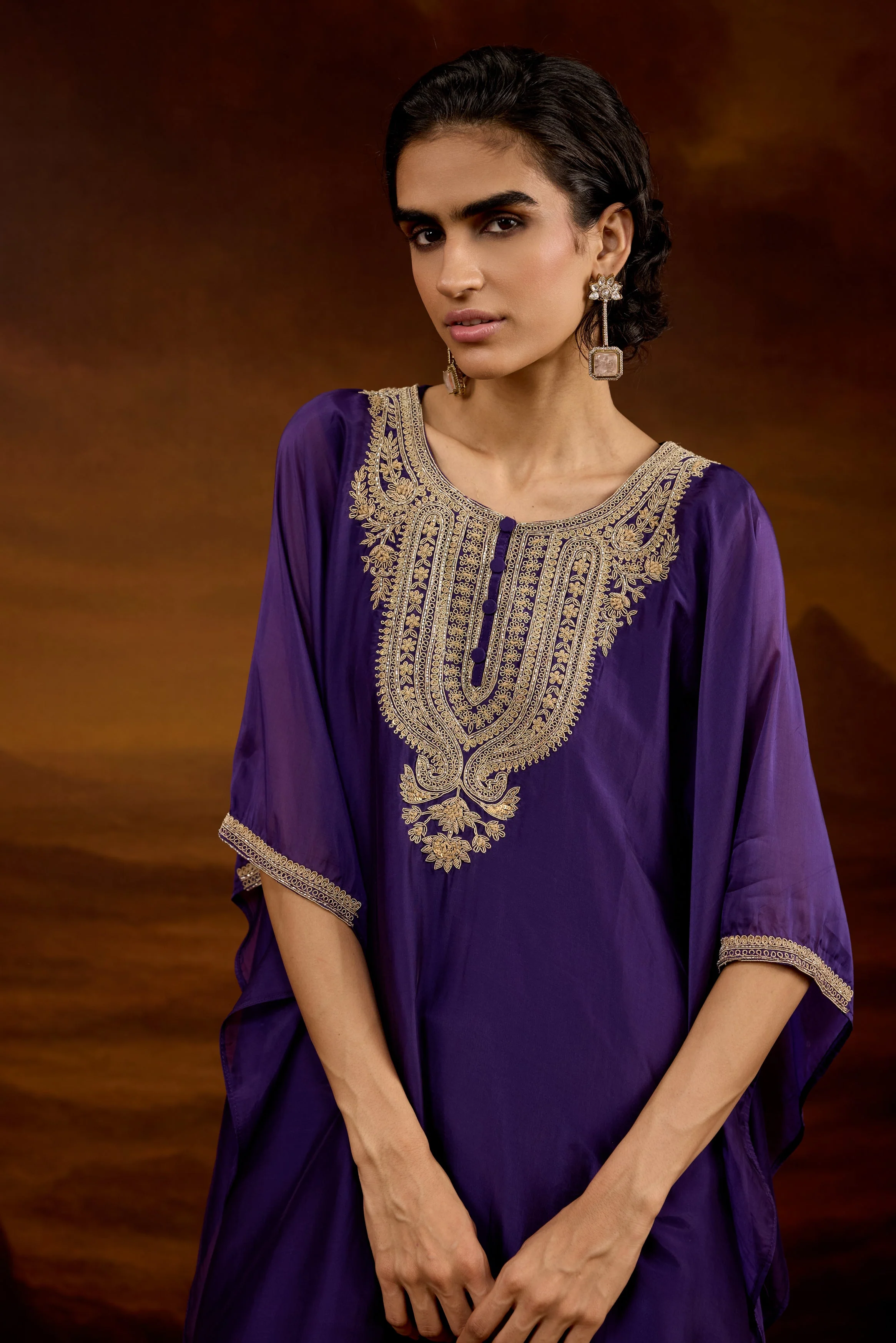 Royal Purple Embellished Satin Silk Kaftan Set - Image 3