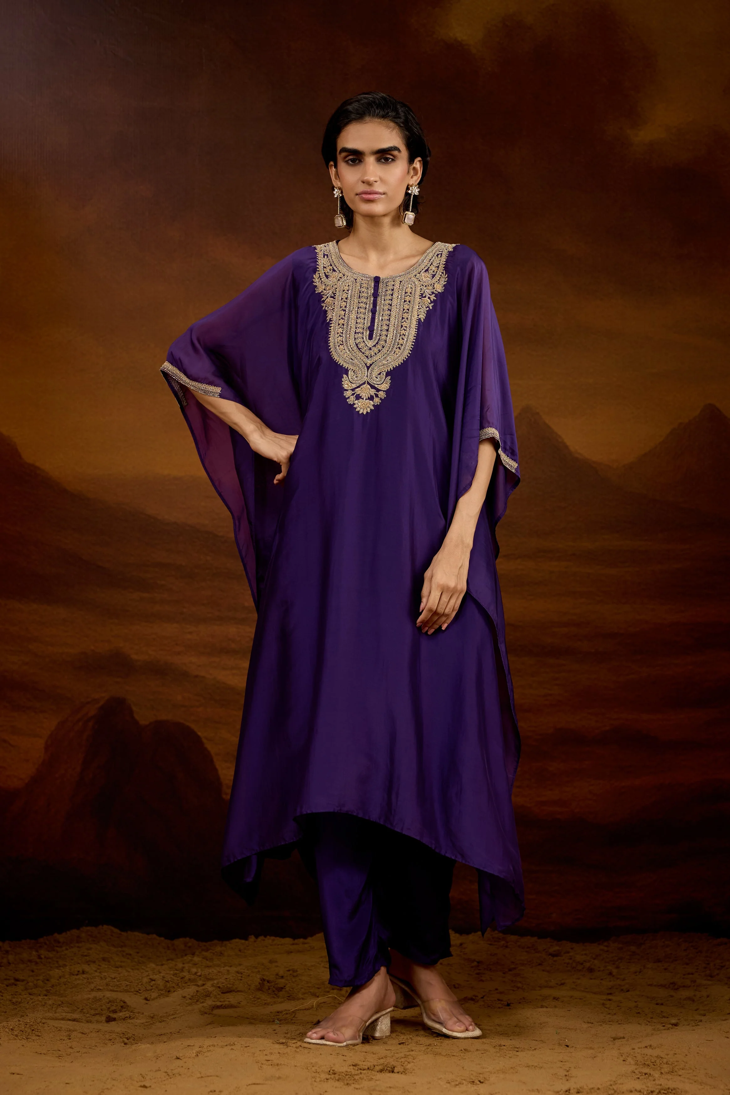 Royal Purple Embellished Satin Silk Kaftan Set - Image 4