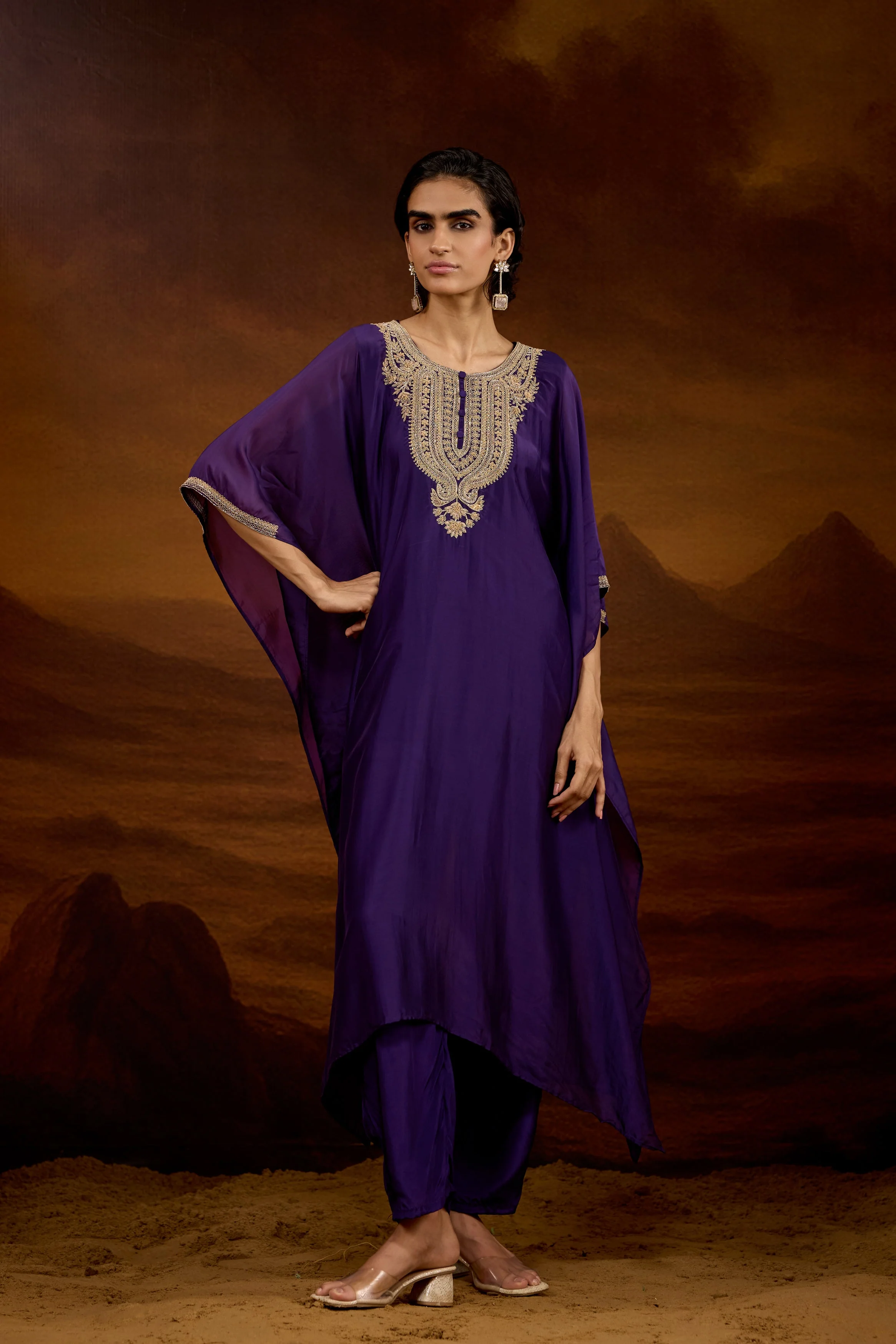 Royal Purple Embellished Satin Silk Kaftan Set - Image 5