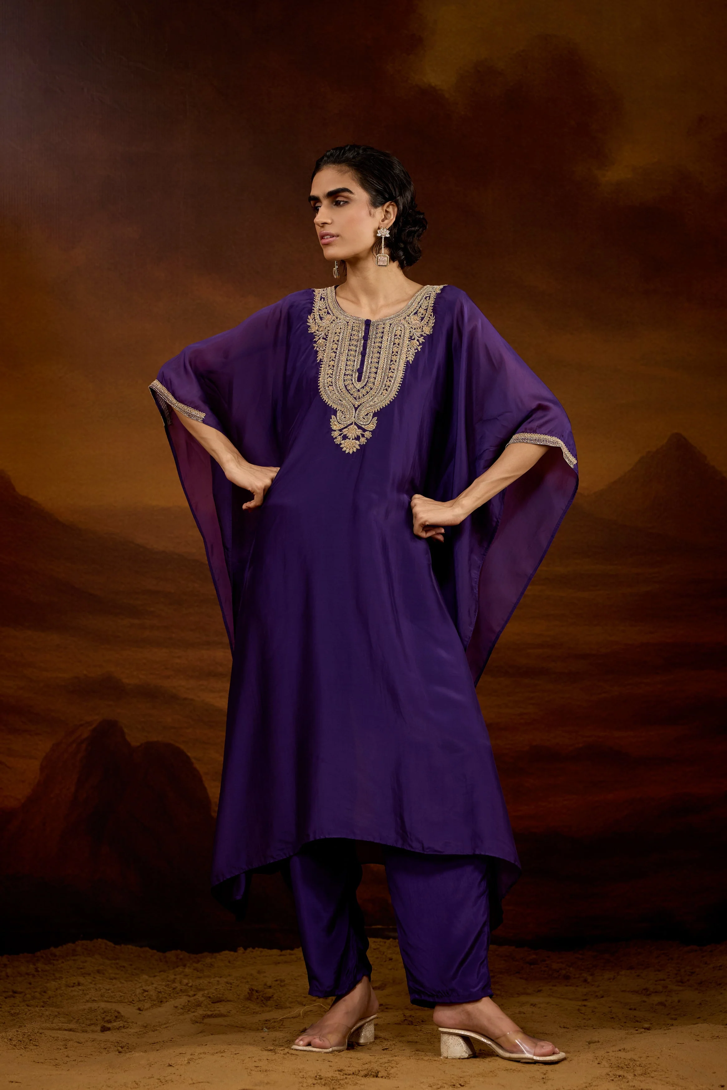 Royal Purple Embellished Satin Silk Kaftan Set - Image 6