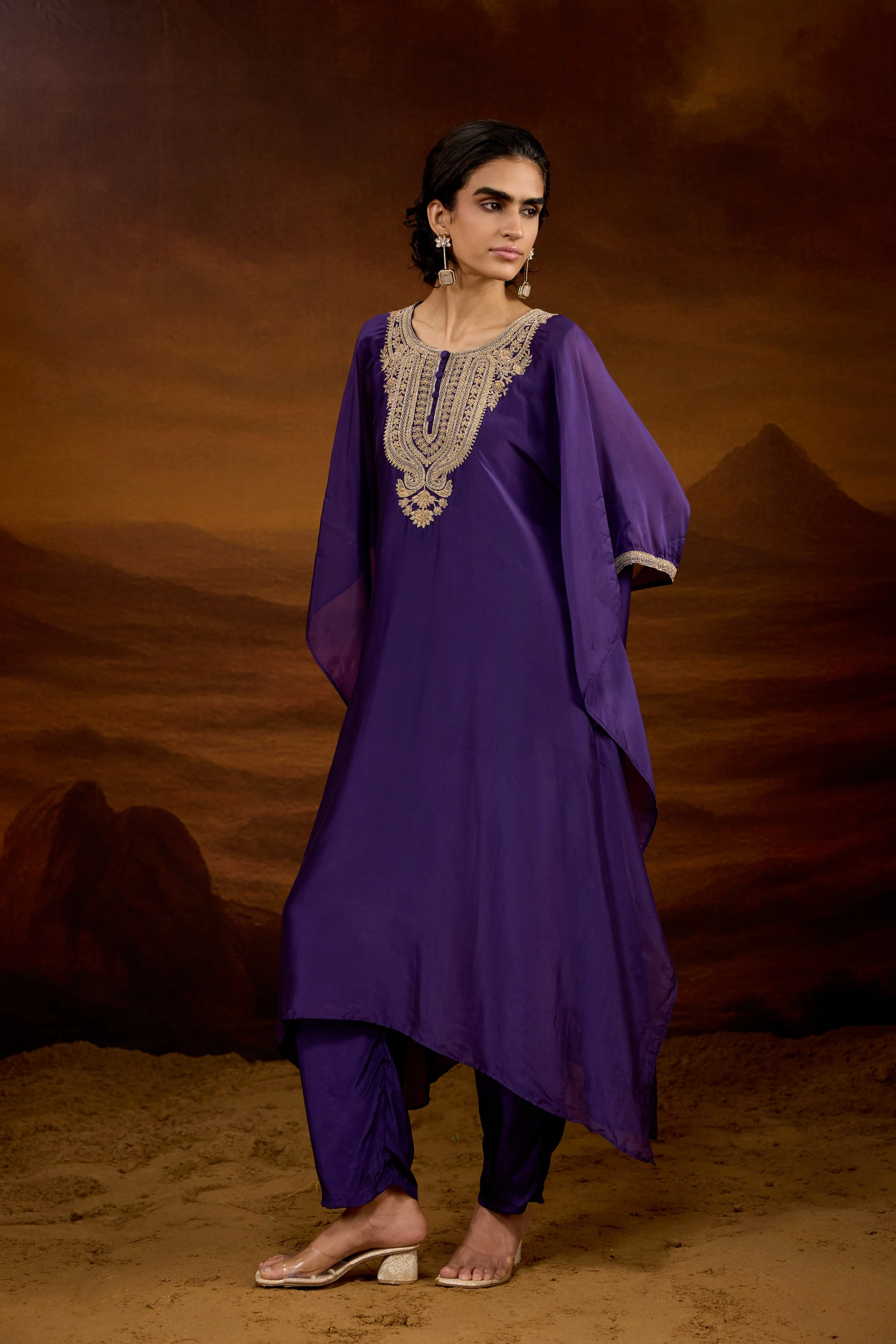 Royal Purple Embellished Satin Silk Kaftan Set - Image 7
