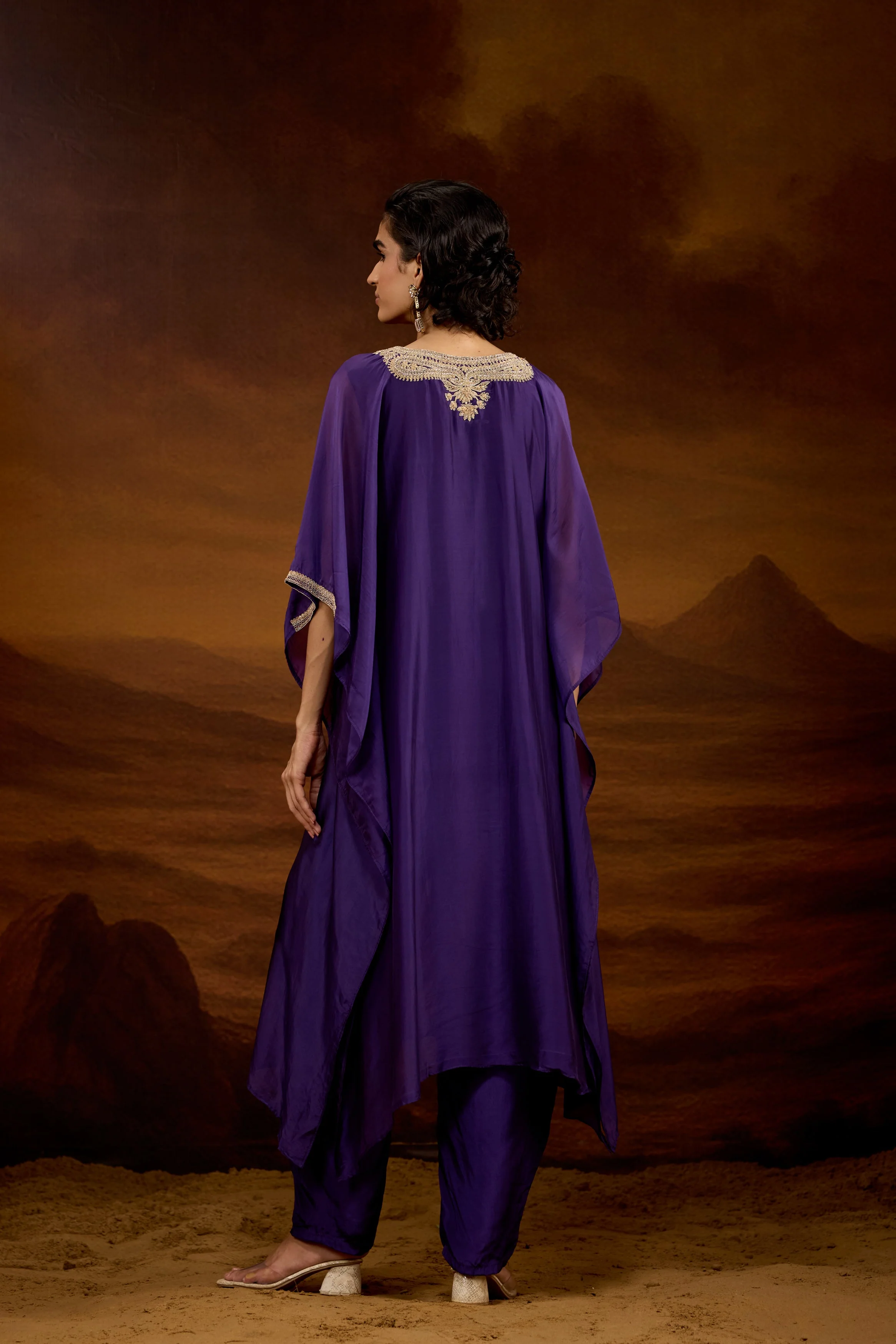 Royal Purple Embellished Satin Silk Kaftan Set - Image 8