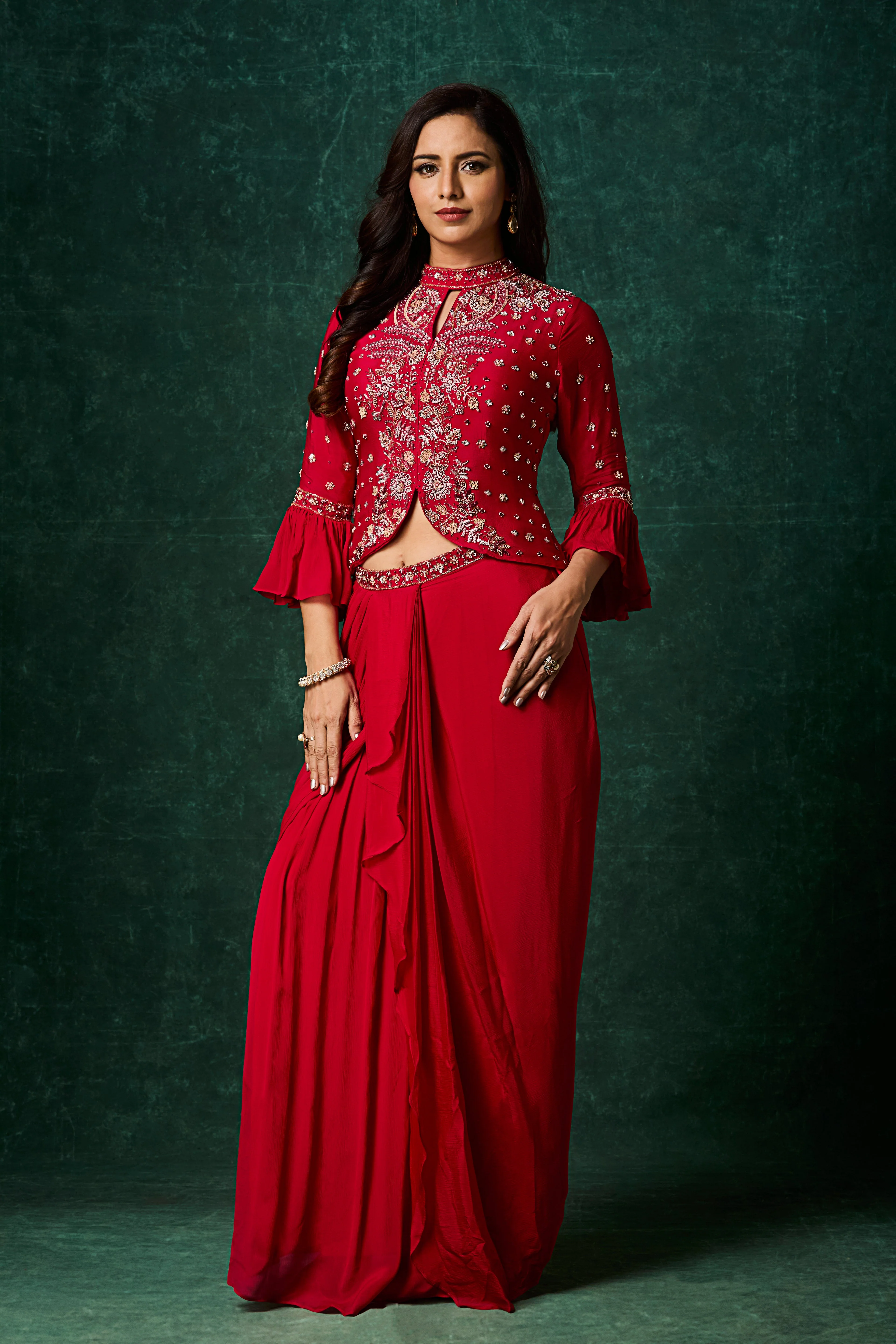 Vermilion Red Embellished Chinon Silk Skirt Set