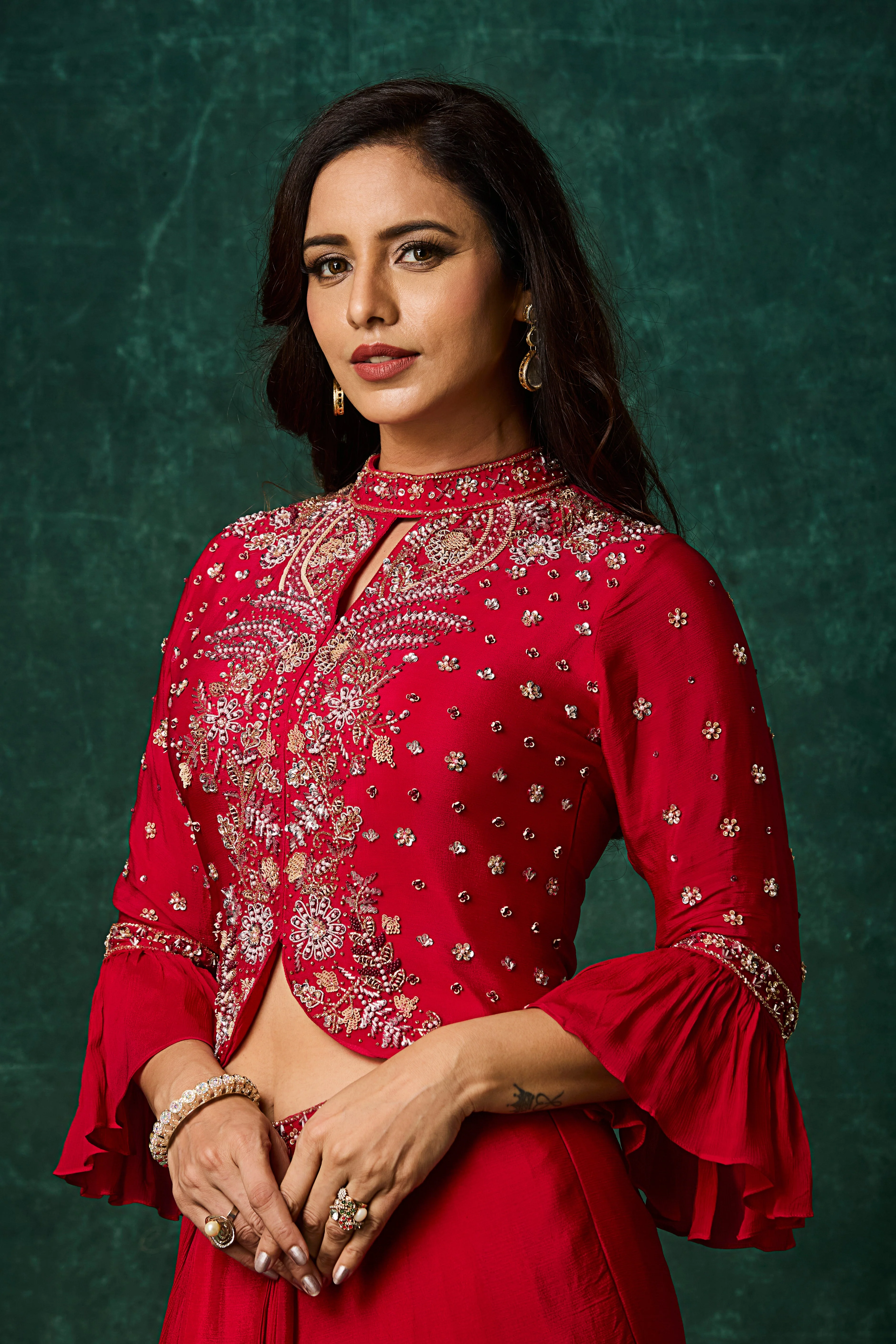 Vermilion Red Embellished Chinon Silk Skirt Set - Image 2