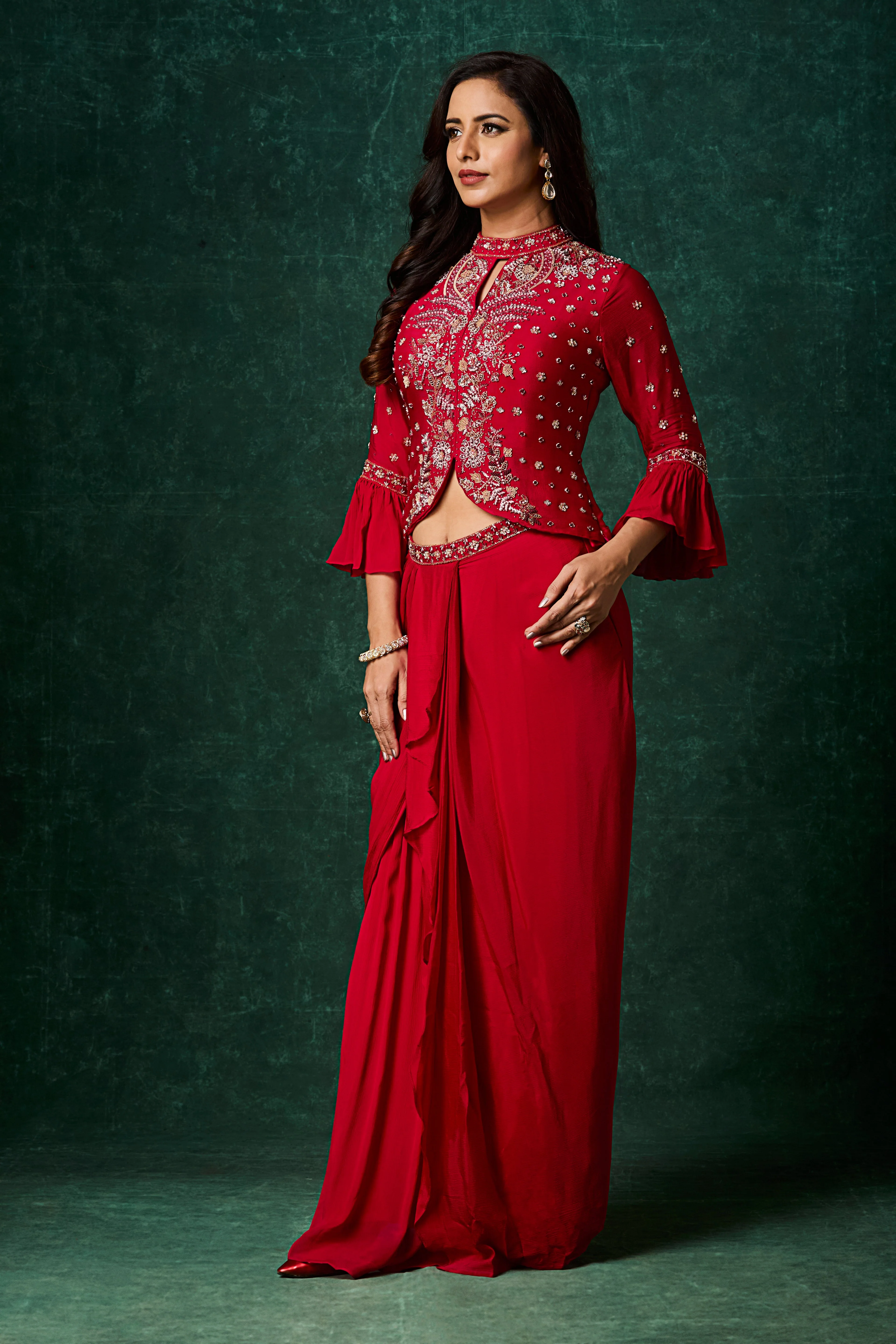 Vermilion Red Embellished Chinon Silk Skirt Set - Image 3