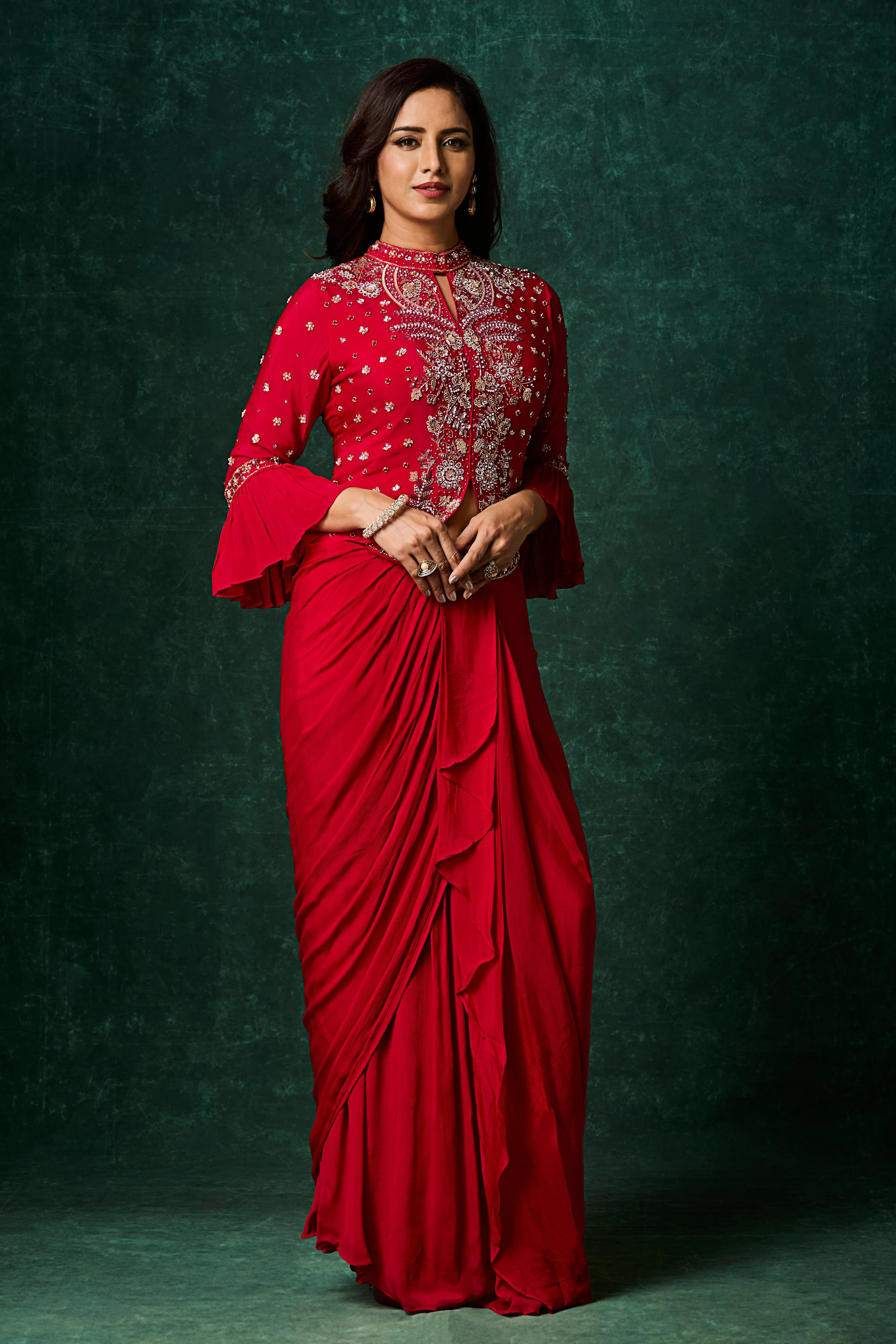 Vermilion Red Embellished Chinon Silk Skirt Set - Image 4
