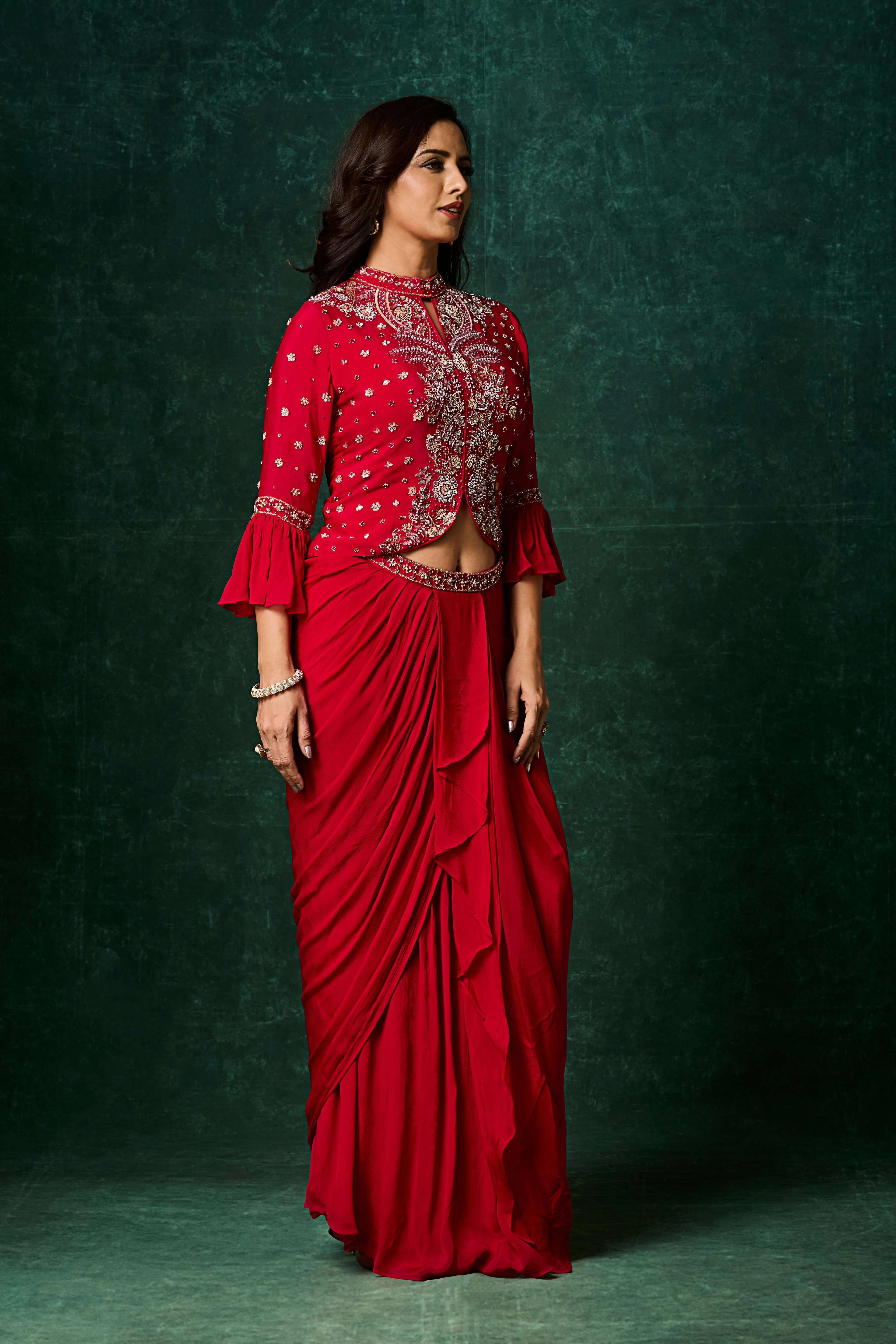 Vermilion Red Embellished Chinon Silk Skirt Set - Image 5