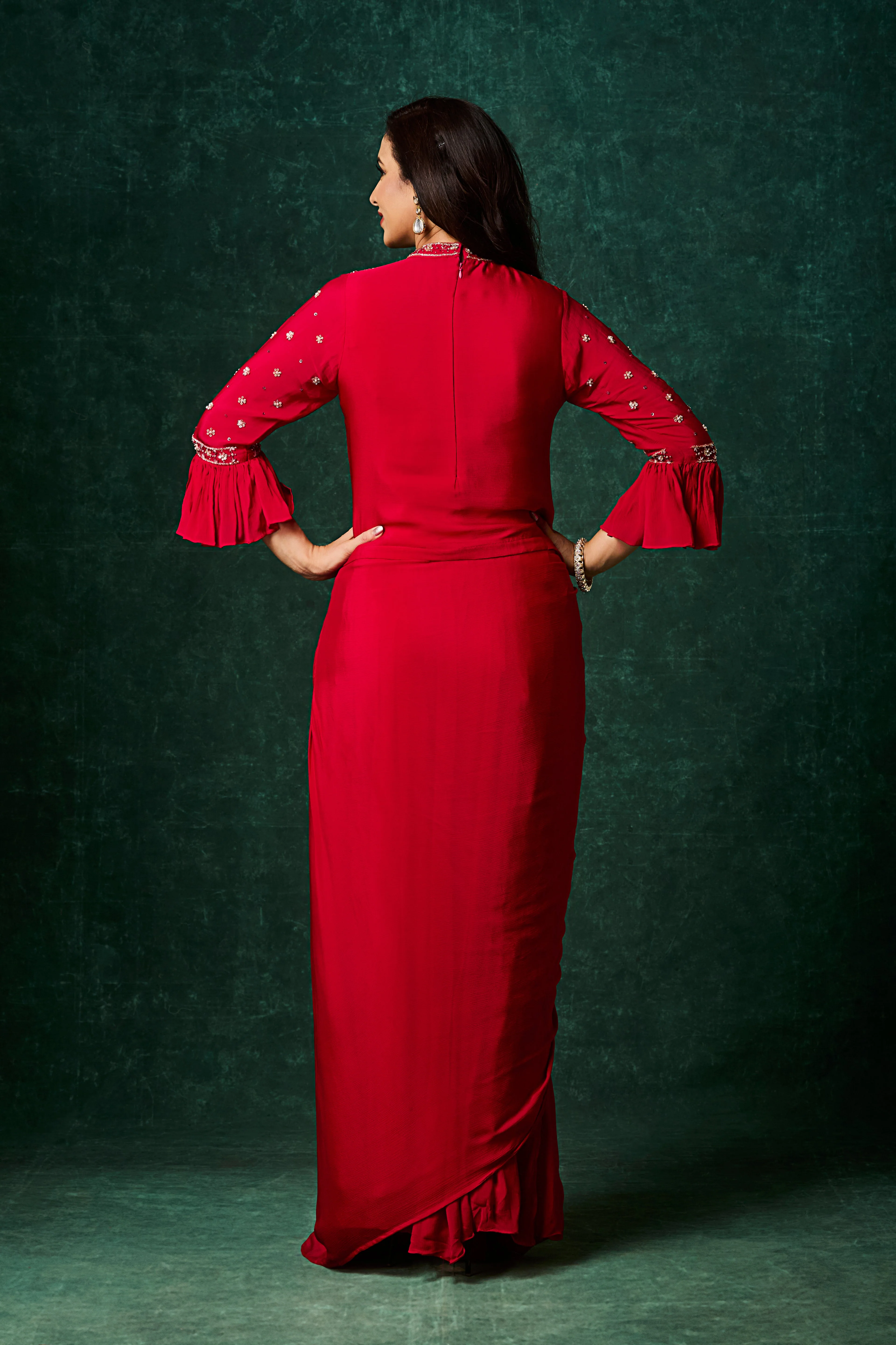 Vermilion Red Embellished Chinon Silk Skirt Set - Image 6
