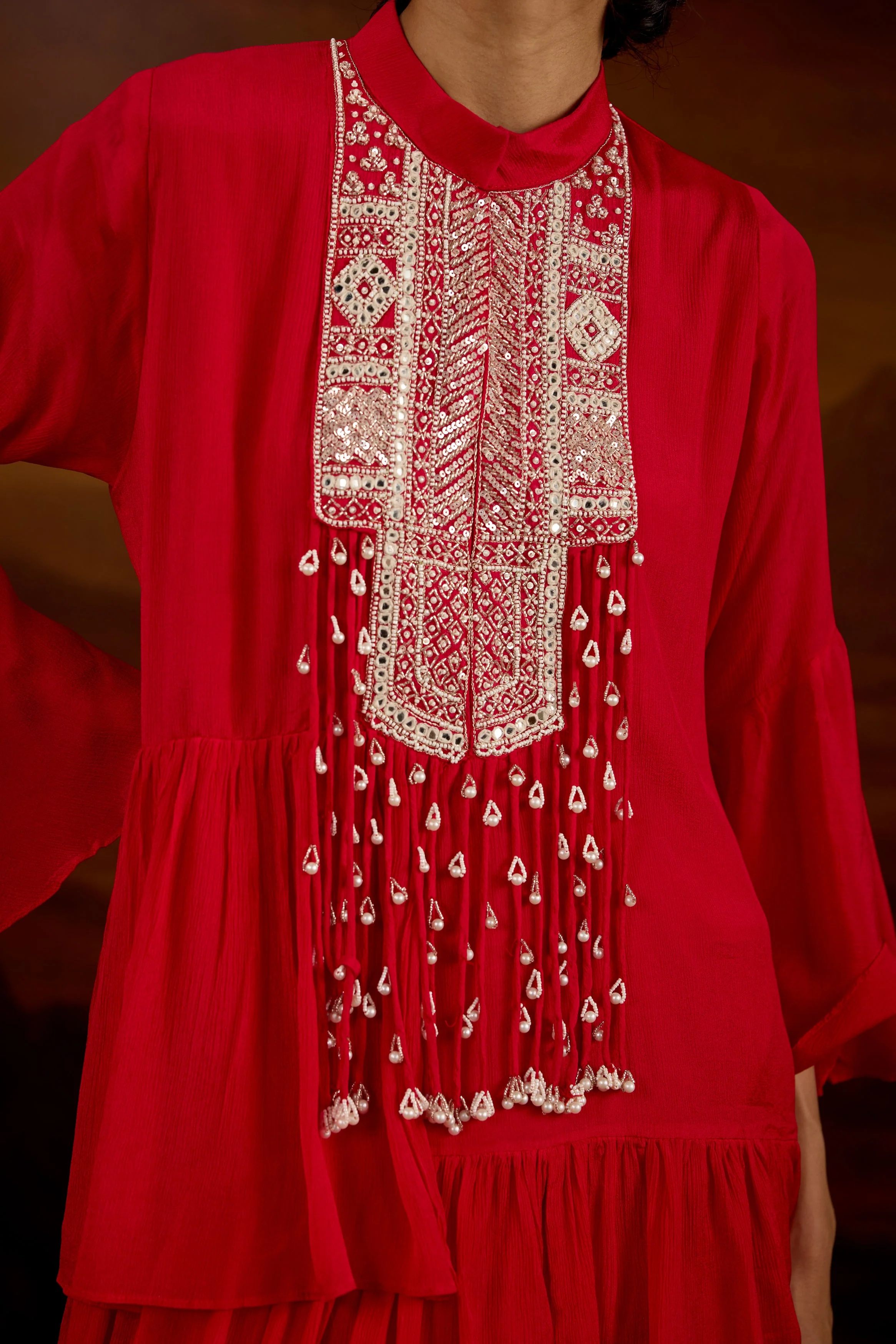 Rich Red Embellished Chinon Silk Skirt Set - Image 2