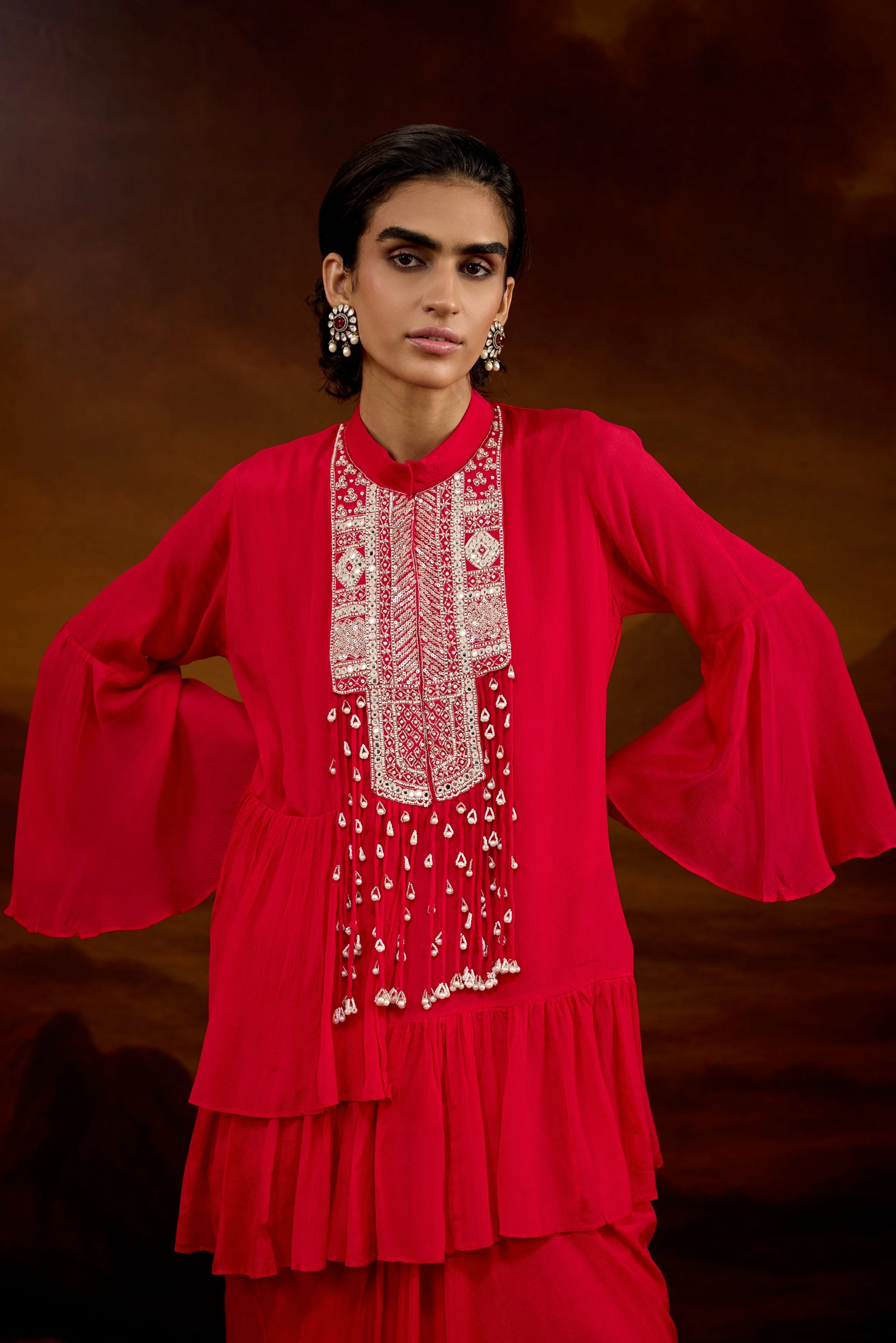 Rich Red Embellished Chinon Silk Skirt Set - Image 3