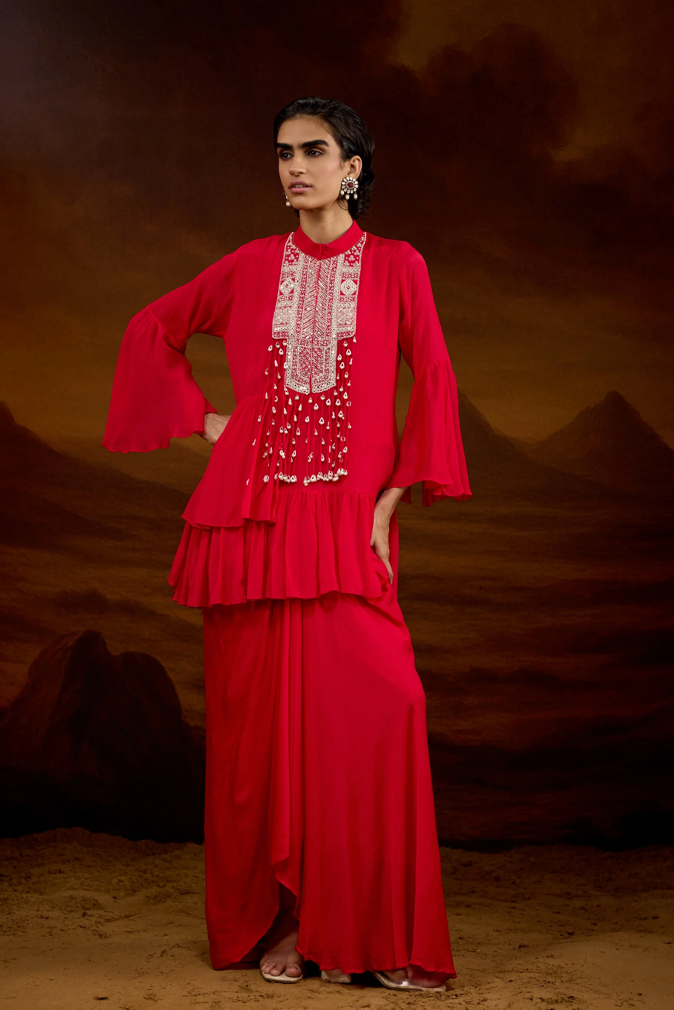 Rich Red Embellished Chinon Silk Skirt Set - Image 4