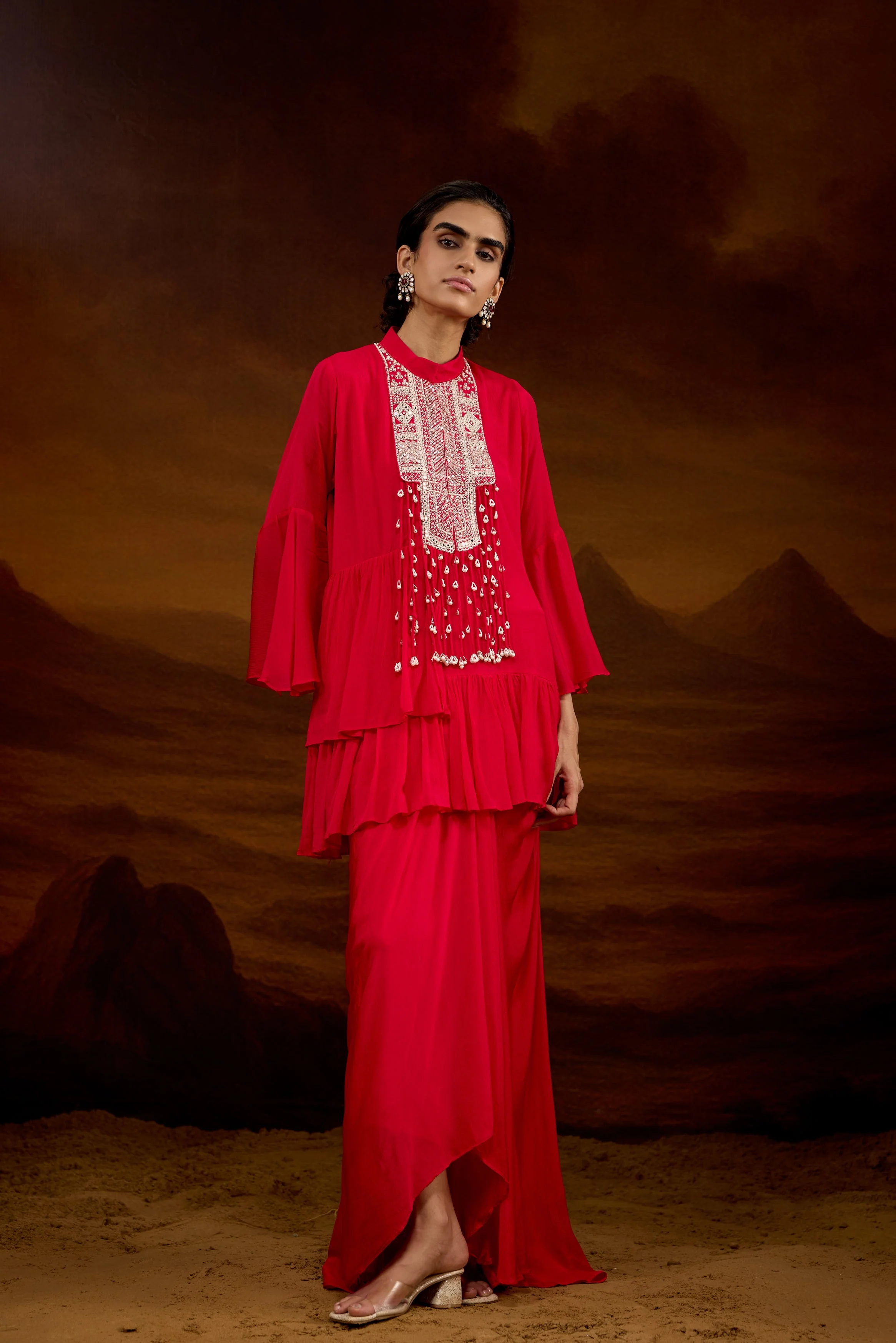 Rich Red Embellished Chinon Silk Skirt Set - Image 5