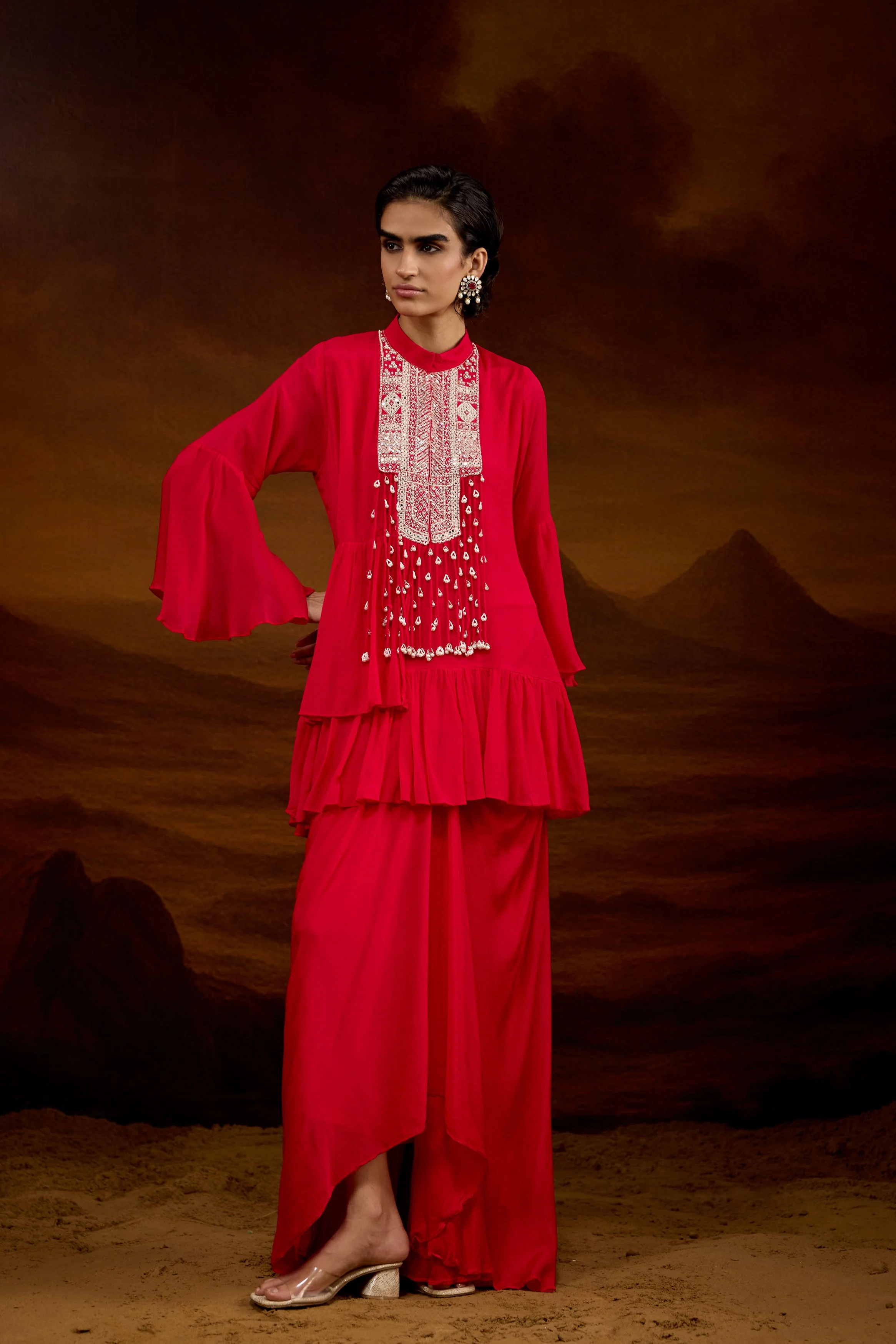 Rich Red Embellished Chinon Silk Skirt Set - Image 6