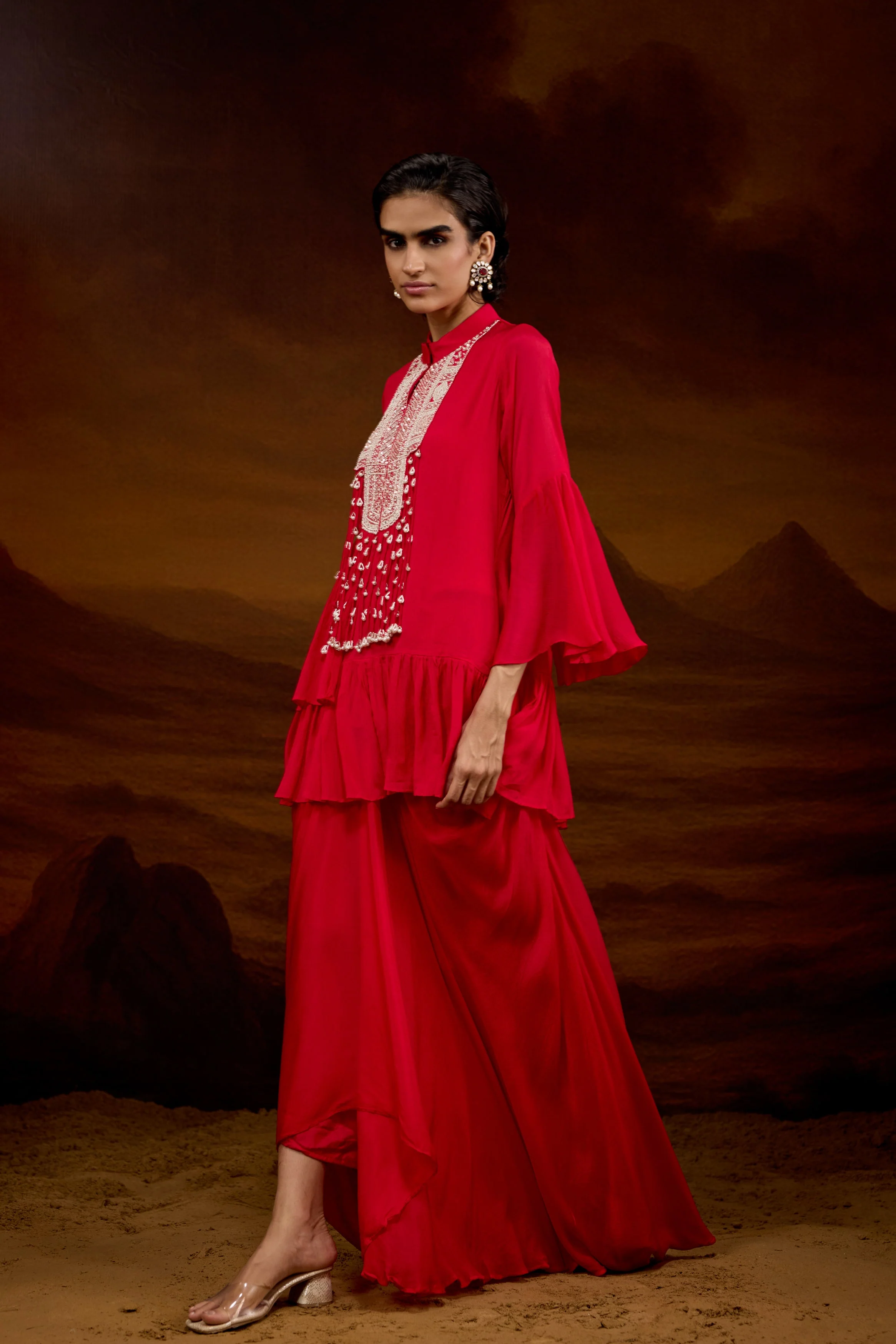 Rich Red Embellished Chinon Silk Skirt Set - Image 7