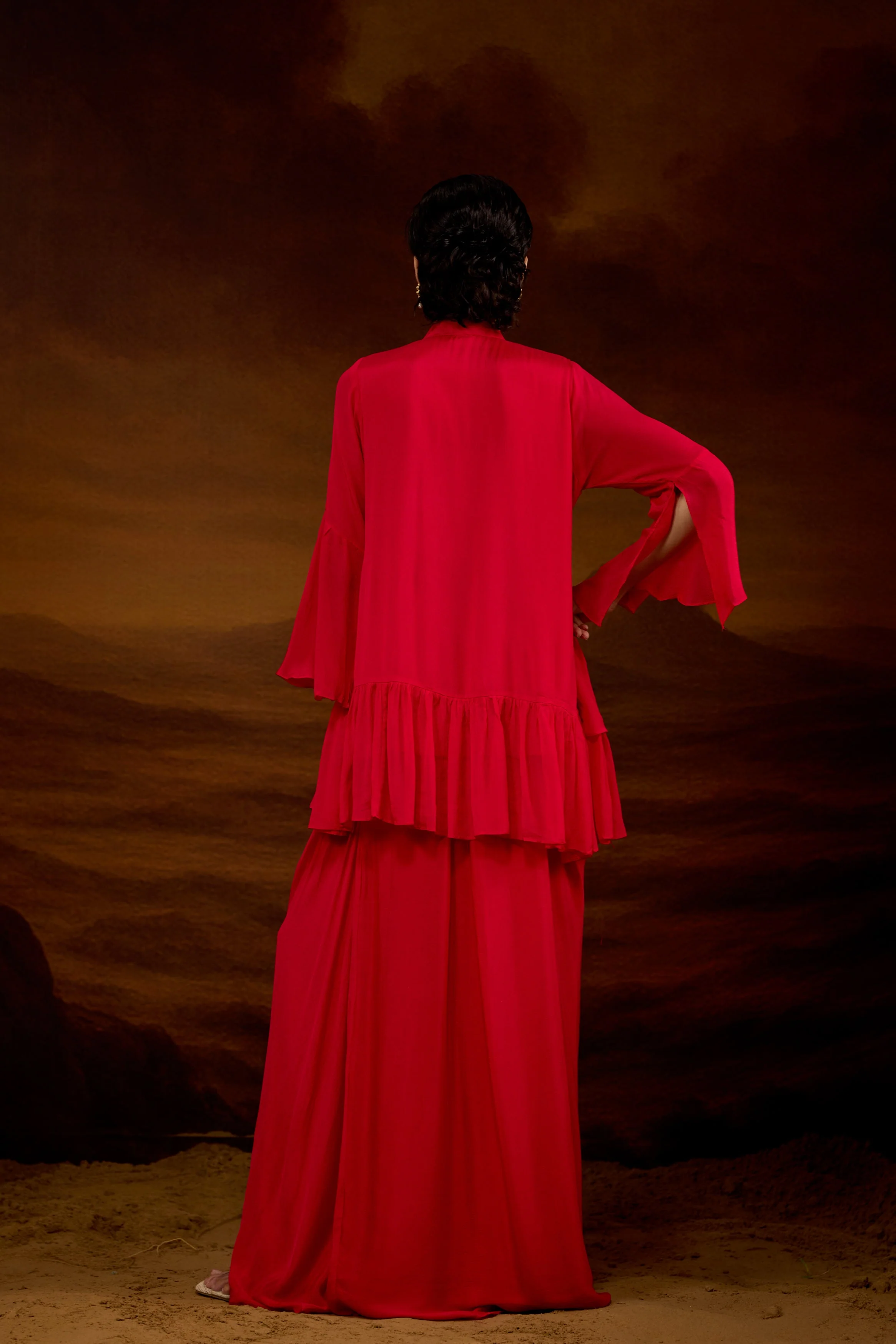 Rich Red Embellished Chinon Silk Skirt Set - Image 8