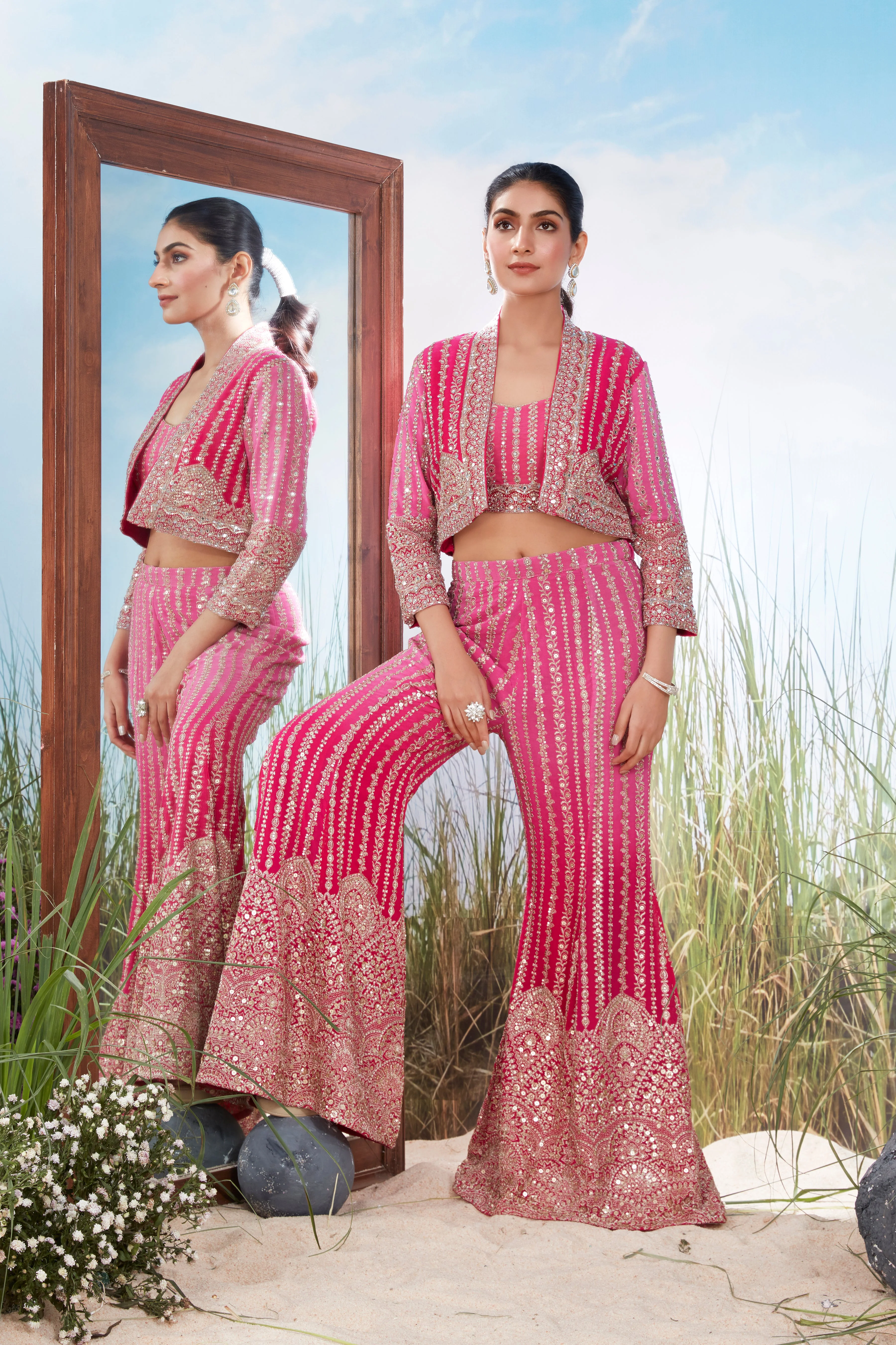 Hot Pink Embellished Georgette Silk Jacket Set