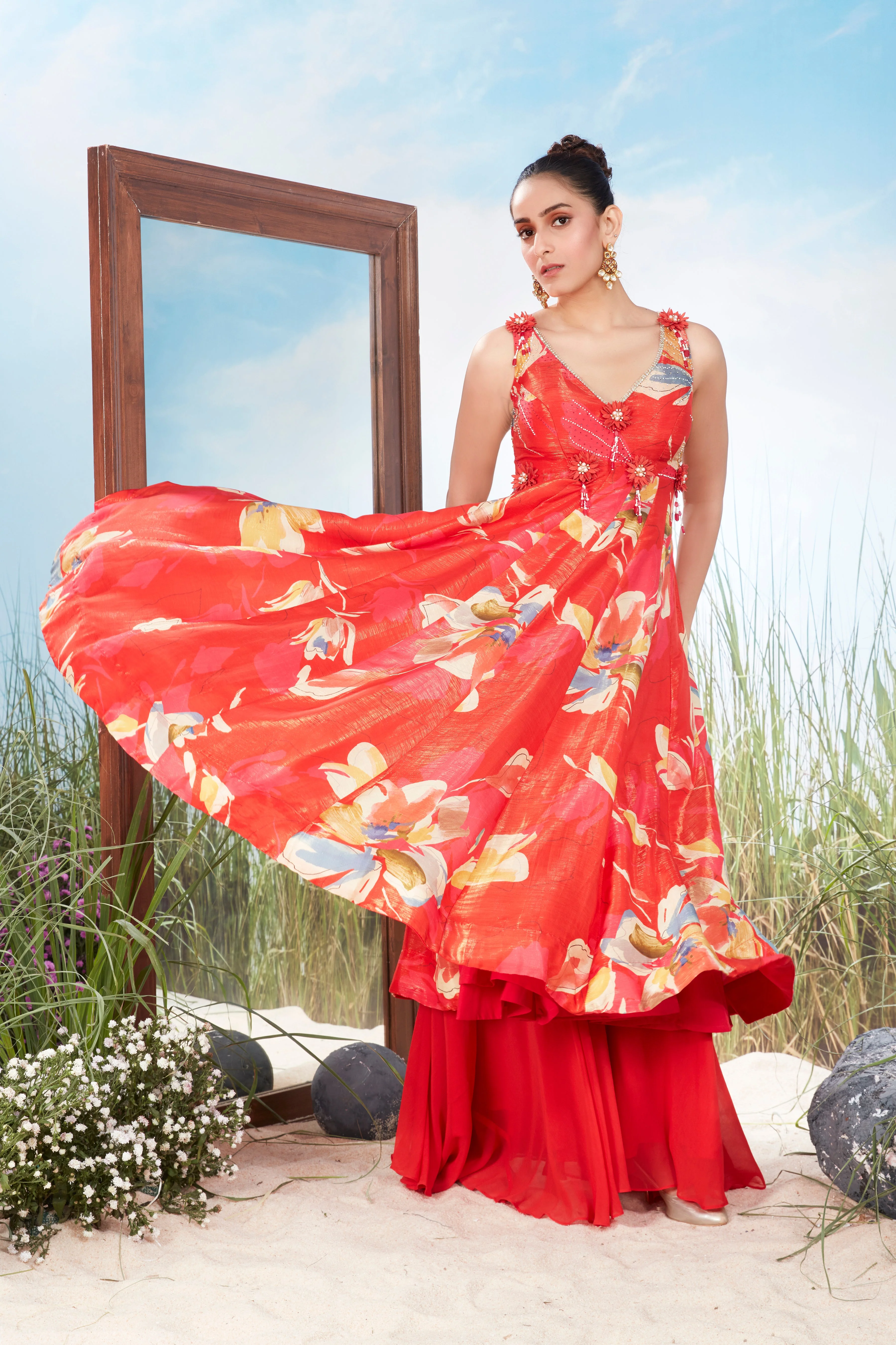 Coral Orange Embellished Georgette Silk Palazzo Set - Image 2