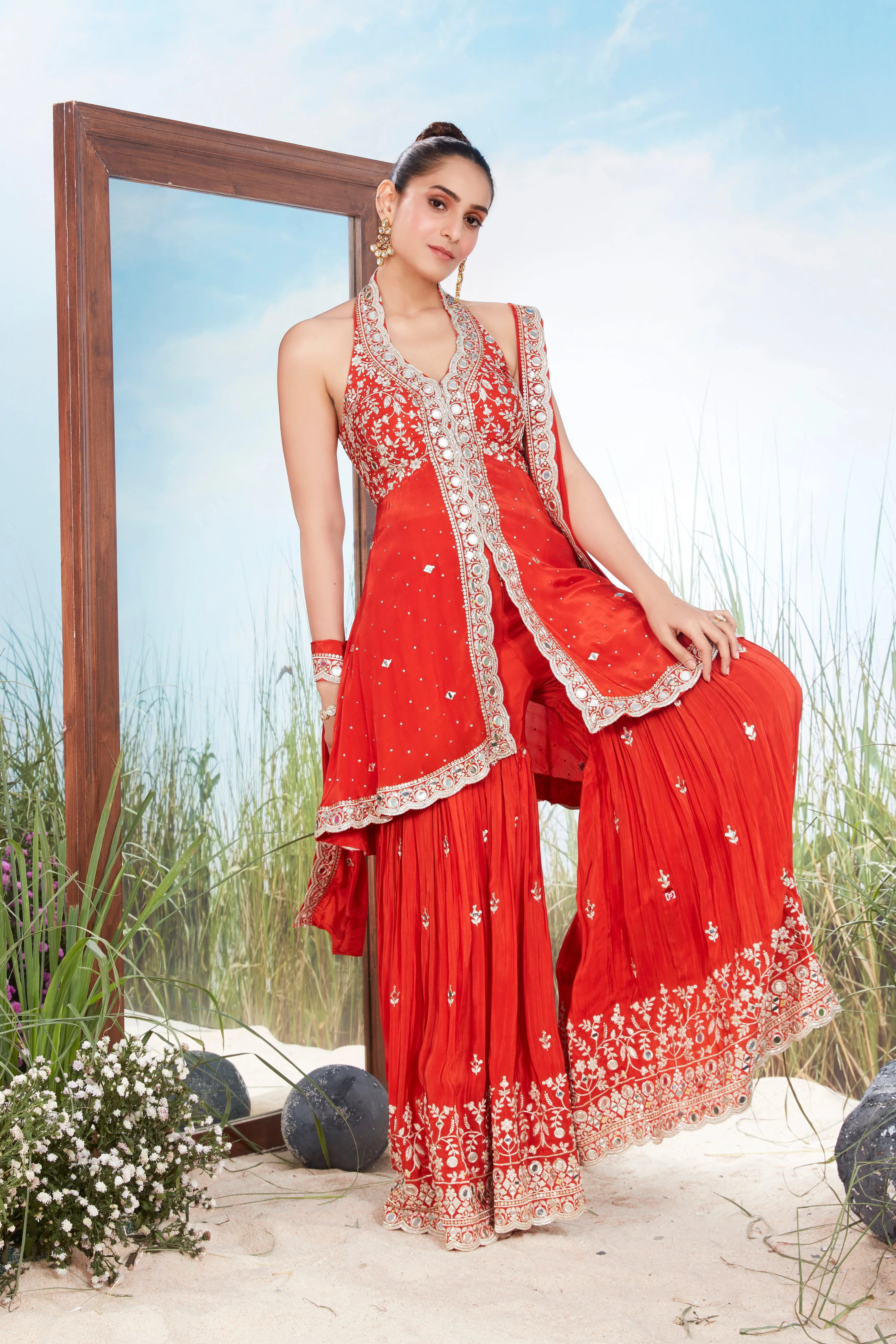 Bright Orange Red Embellished Crepe Silk Sharara Set - Image 2