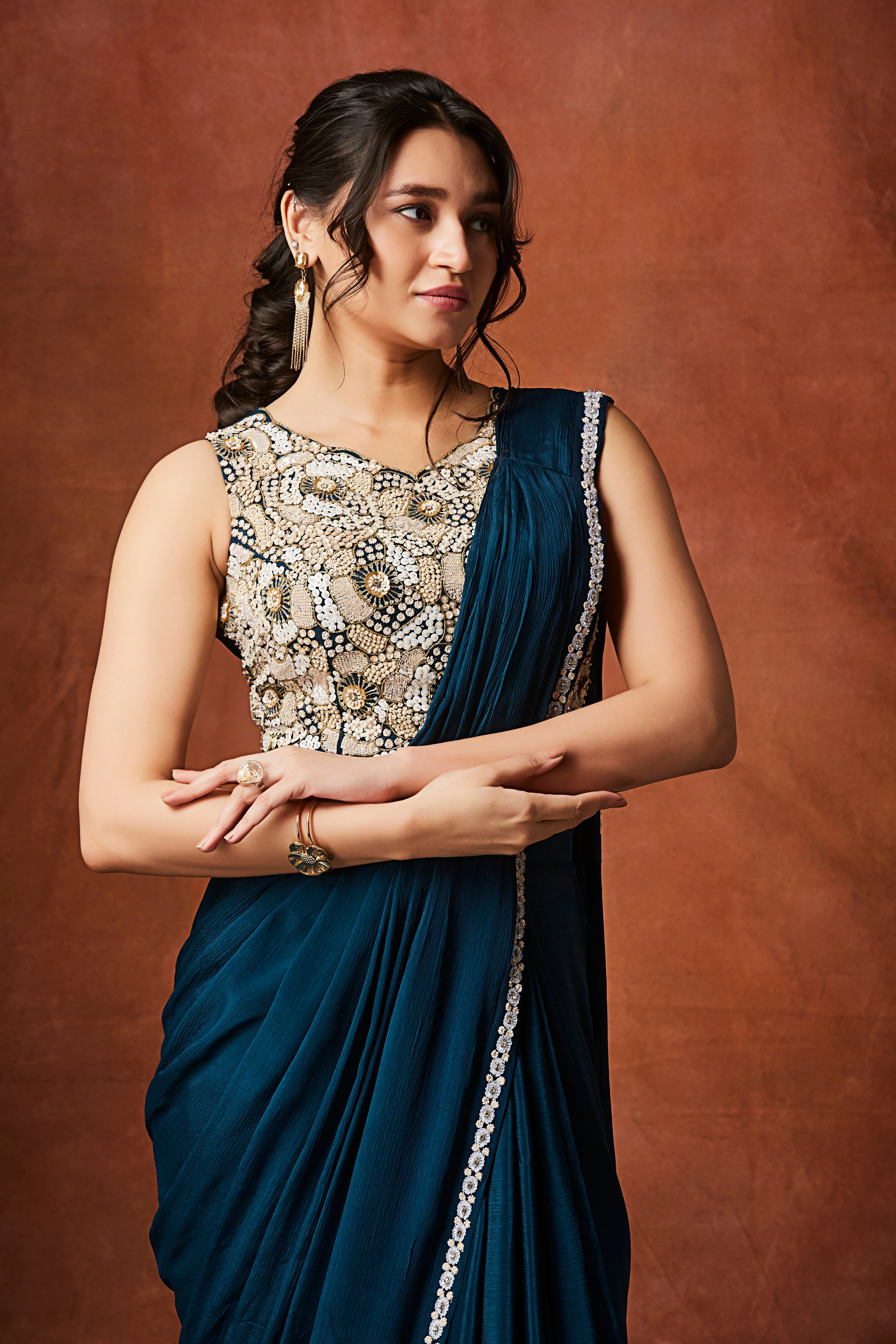 Rich Teal Embellished Chinon Silk Drape Saree - Image 2