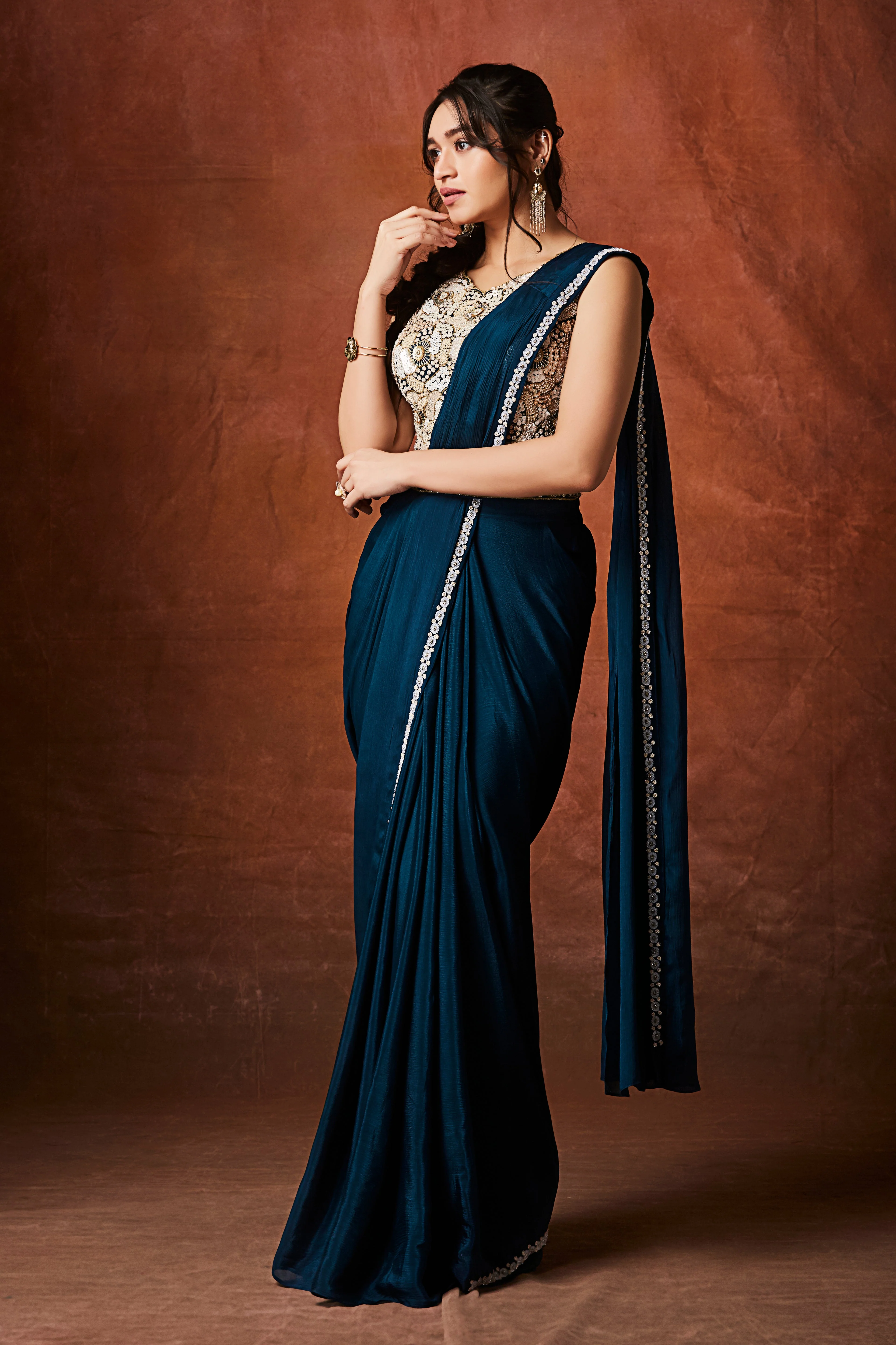 Rich Teal Embellished Chinon Silk Drape Saree - Image 3