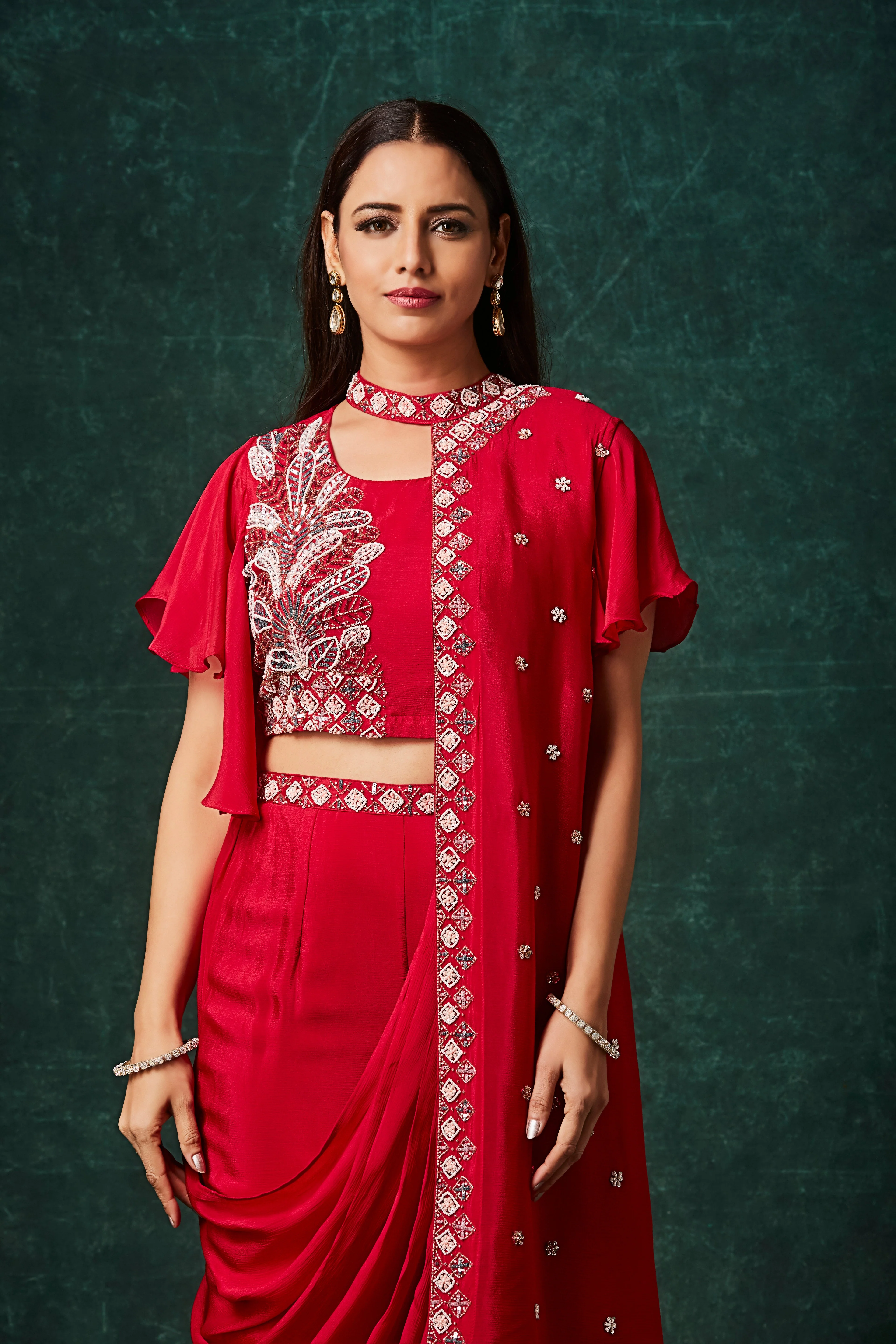 Scarlet Red Embellished Chinon Silk Palazzo Set - Image 2