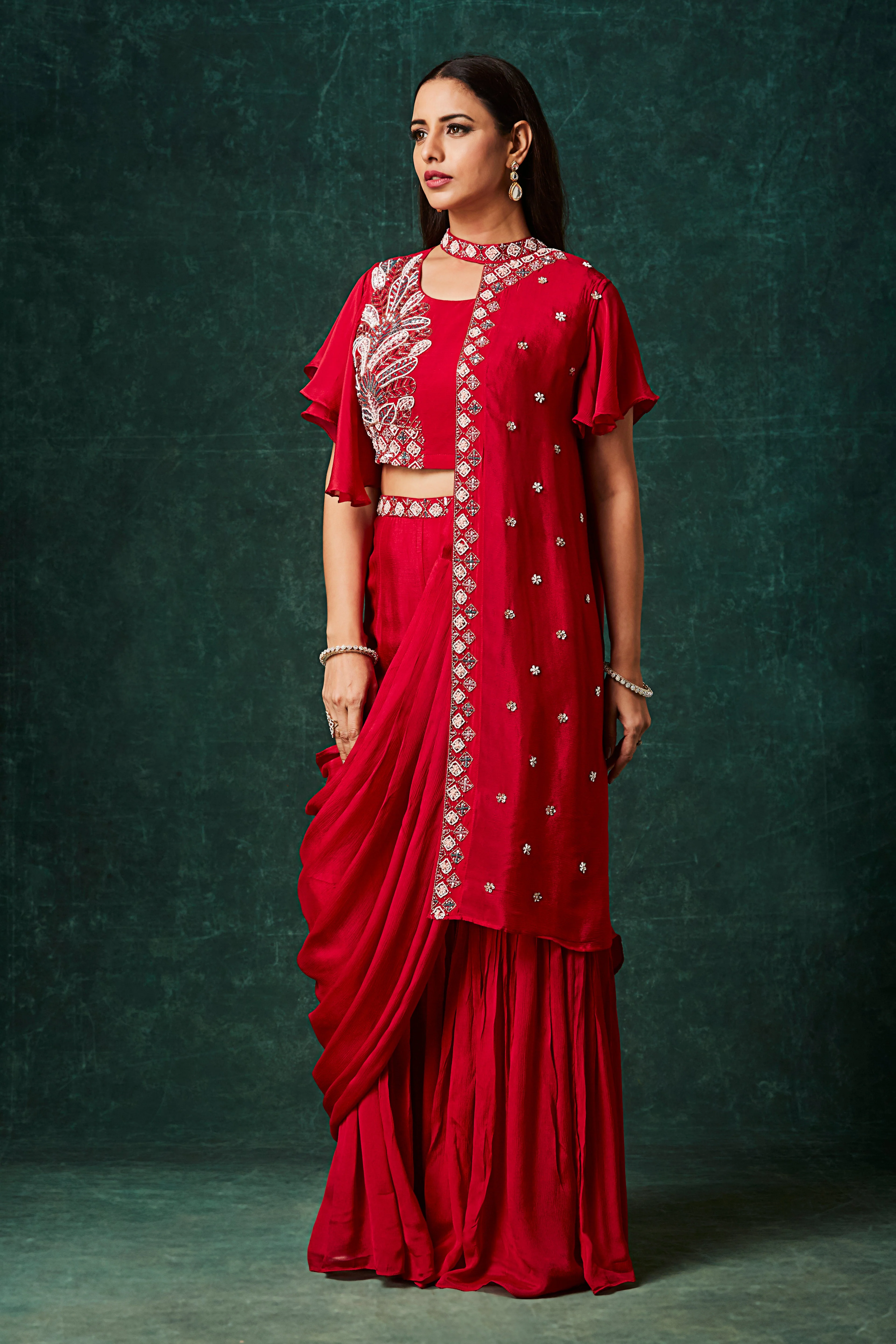 Scarlet Red Embellished Chinon Silk Palazzo Set - Image 3
