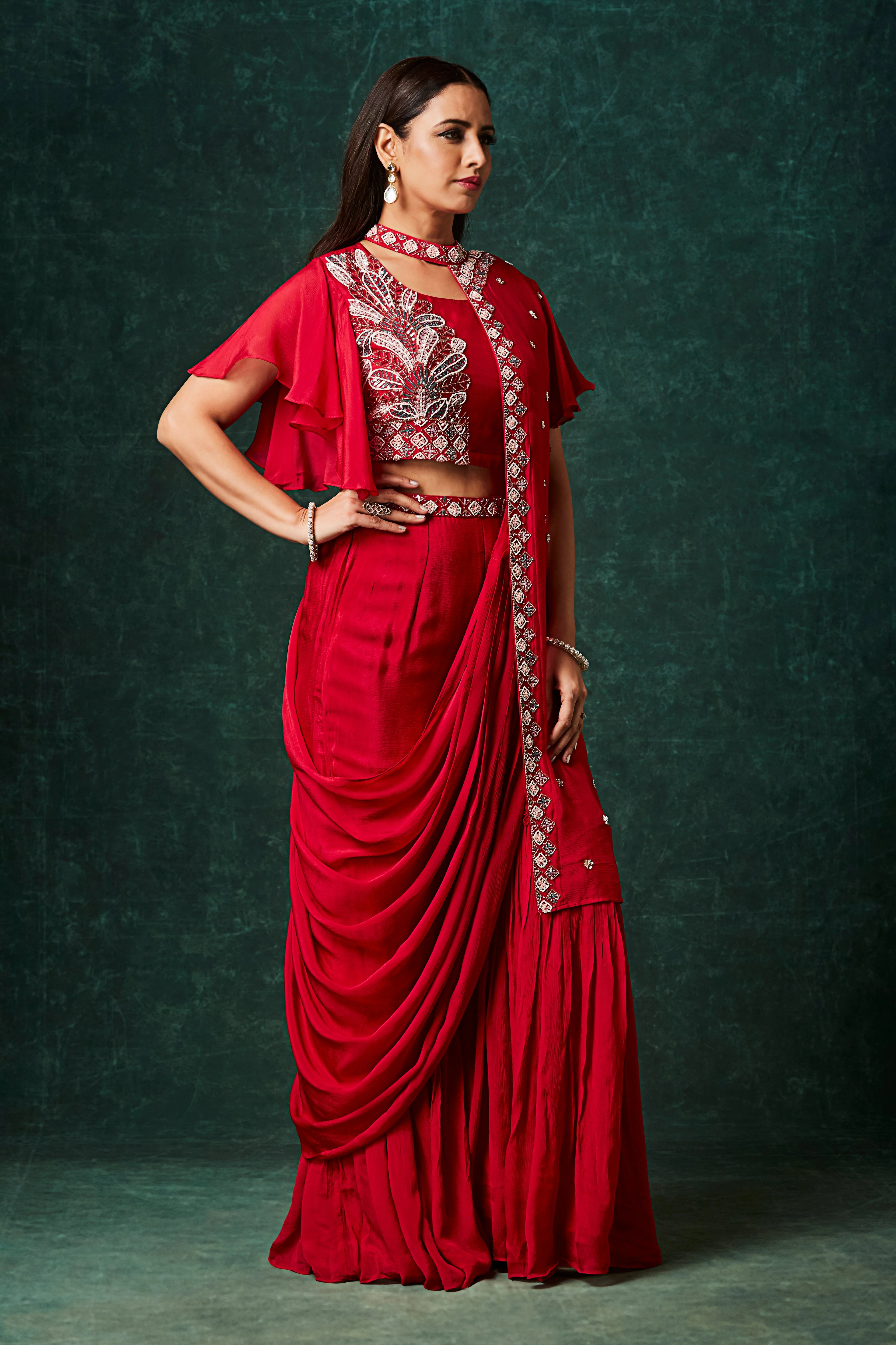 Scarlet Red Embellished Chinon Silk Palazzo Set - Image 4