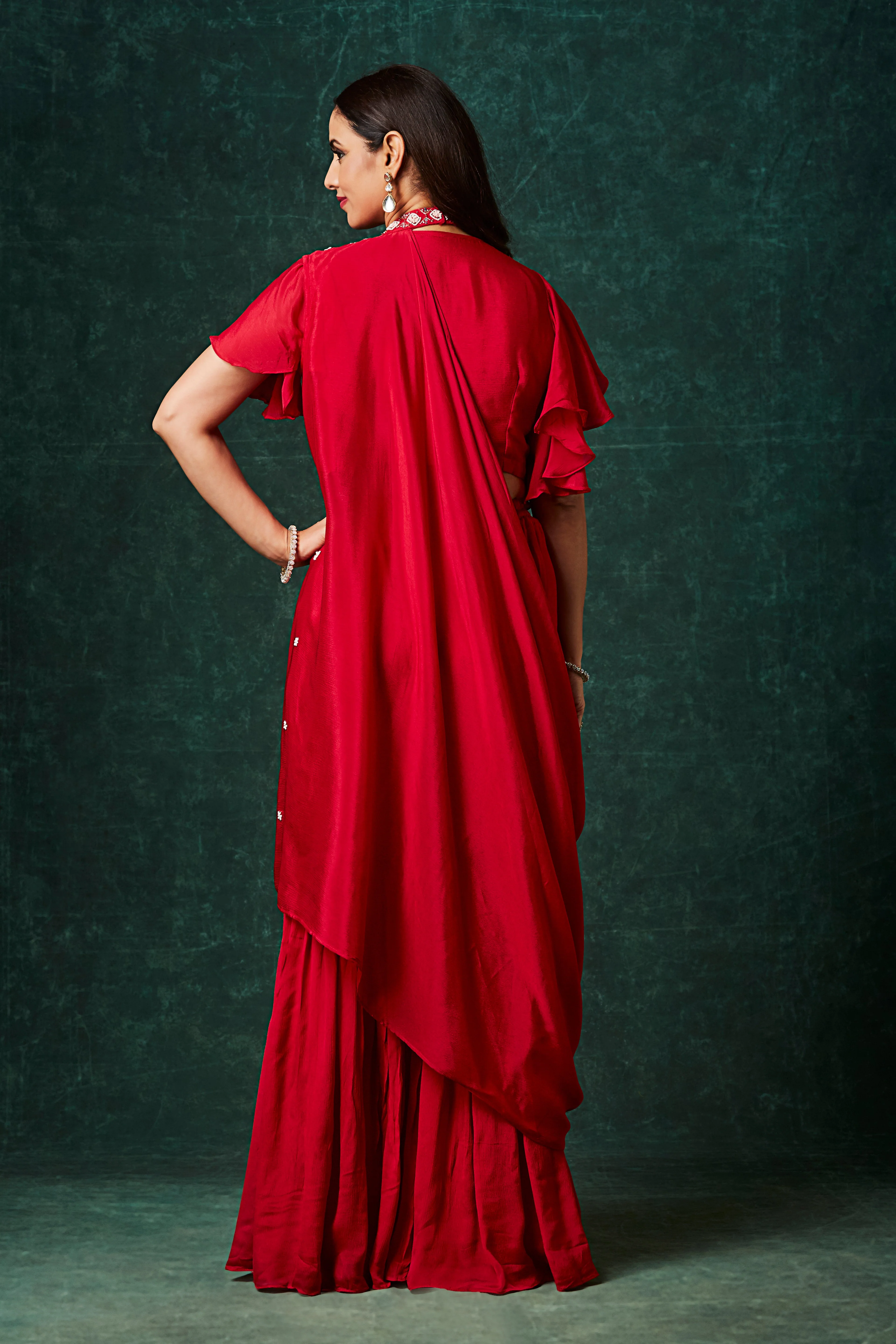 Scarlet Red Embellished Chinon Silk Palazzo Set - Image 5
