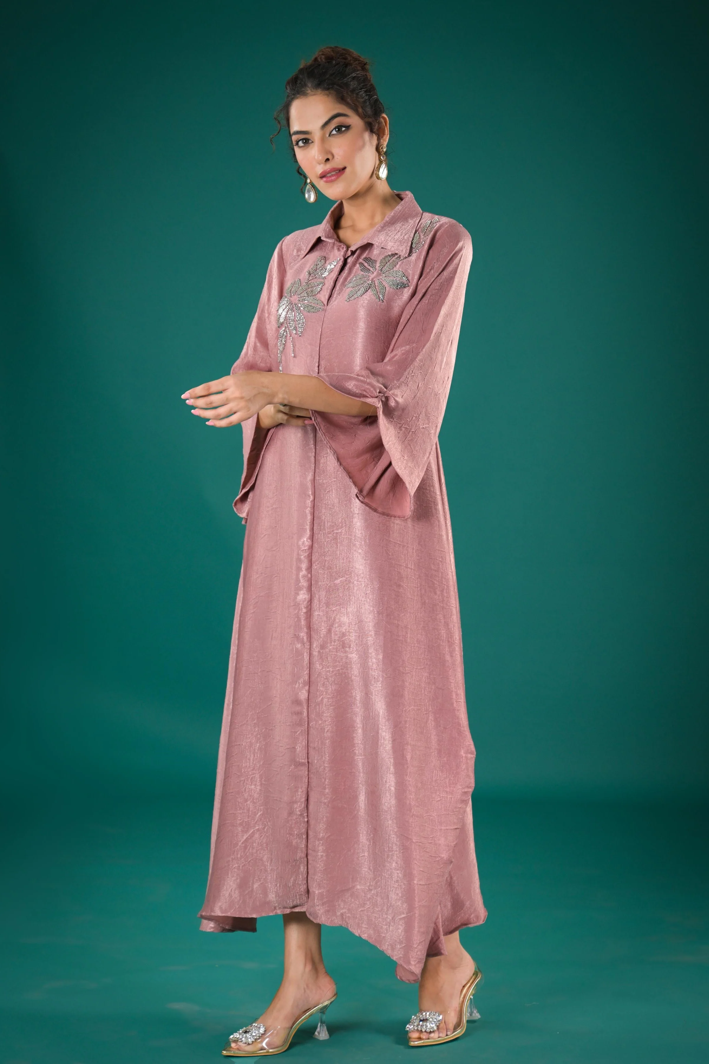 Rose Gold Embellished Italian Paper Silk Dress - Image 2