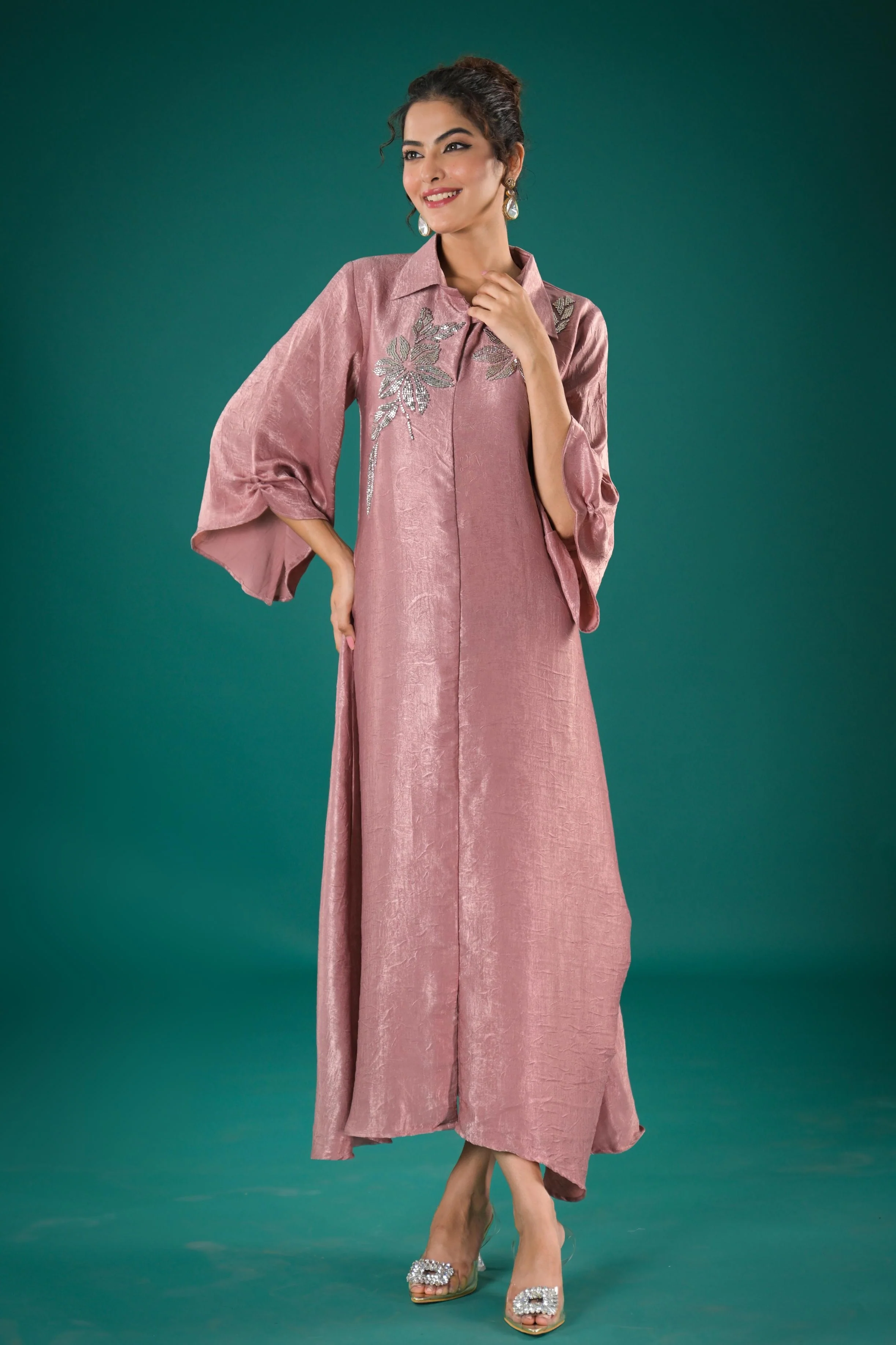 Rose Gold Embellished Italian Paper Silk Dress - Image 3