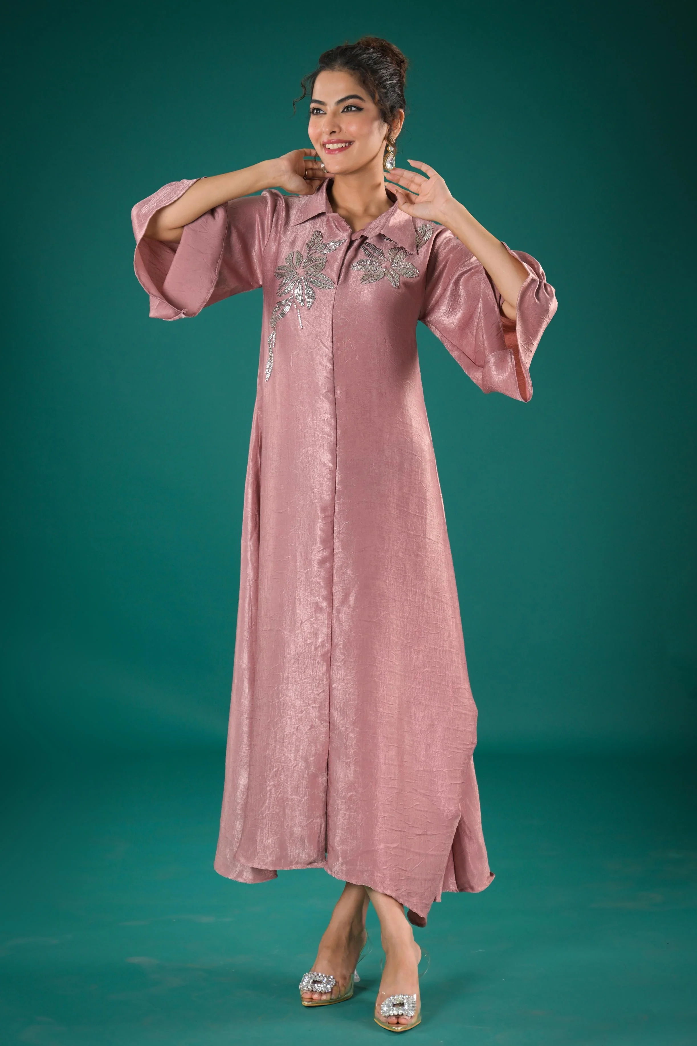 Rose Gold Embellished Italian Paper Silk Dress - Image 4