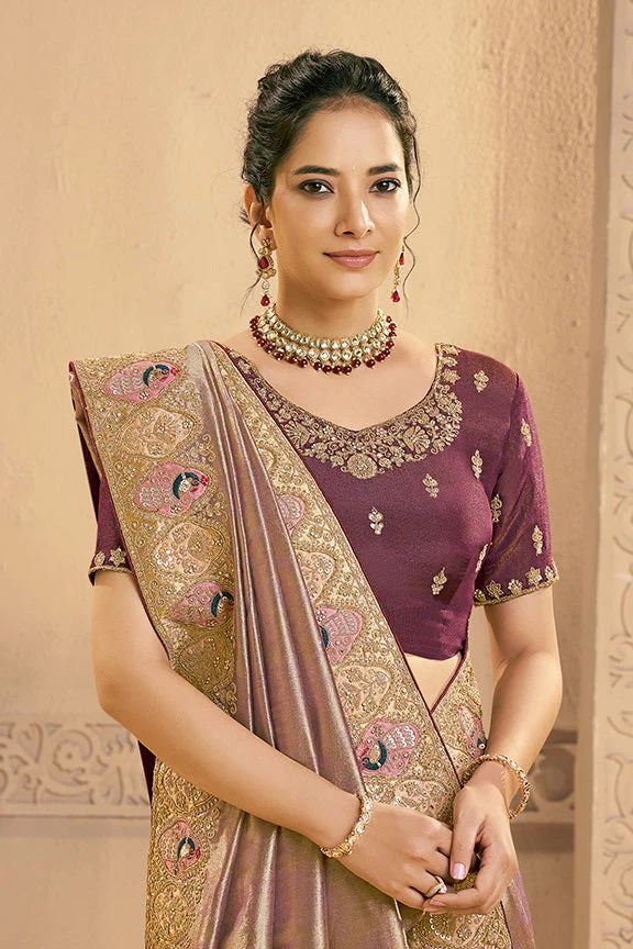 Rose Gold Embellished Zari Tissue Silk Saree - Image 2
