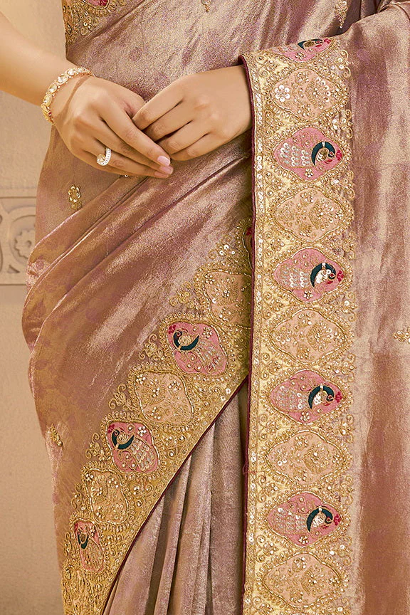 Rose Gold Embellished Zari Tissue Silk Saree - Image 3