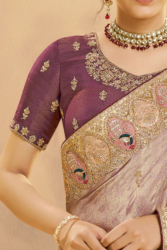 Rose Gold Embellished Zari Tissue Silk Saree - Image 5