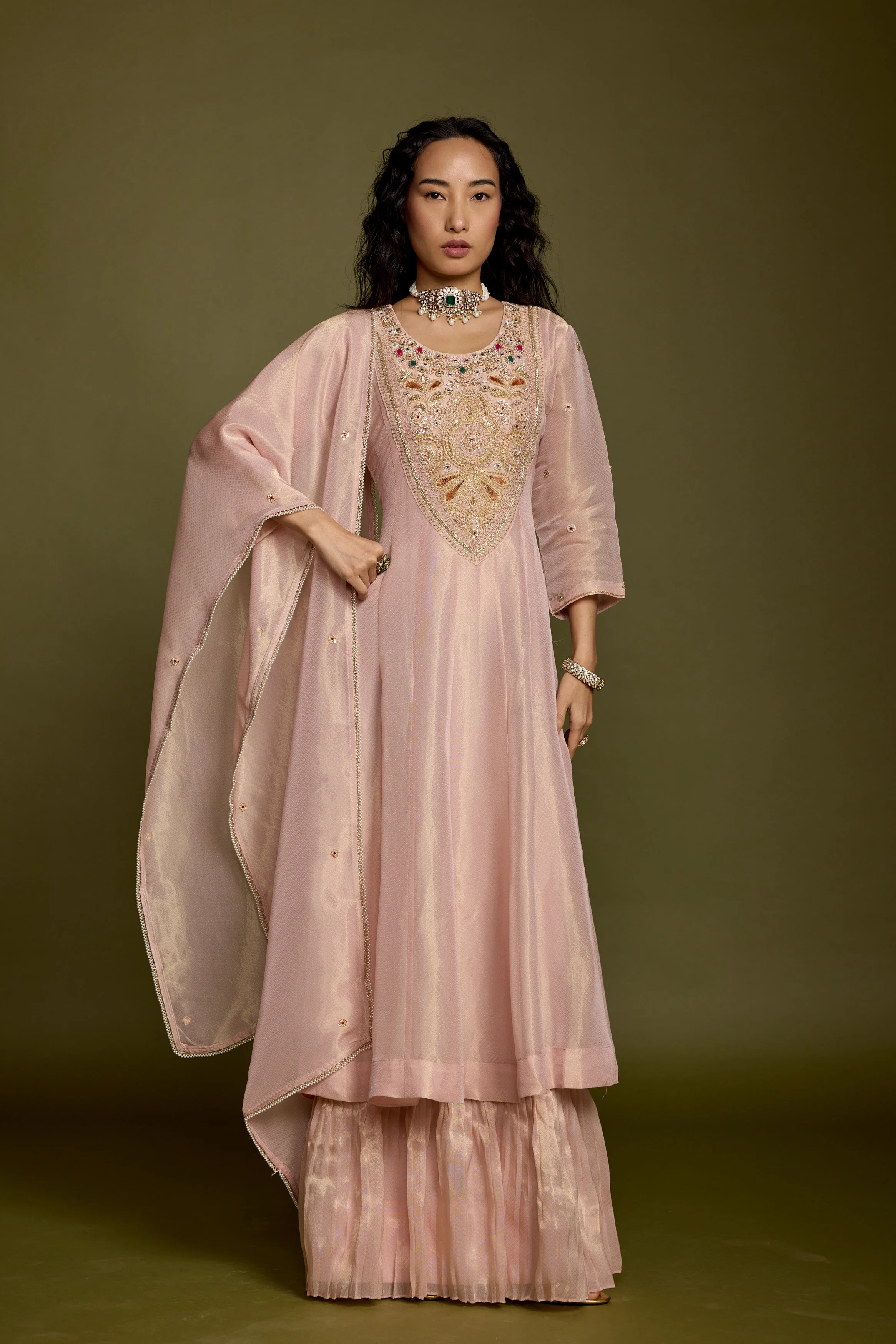 Rose Gold Embellished Shimmer Organza Silk Anarkali Set