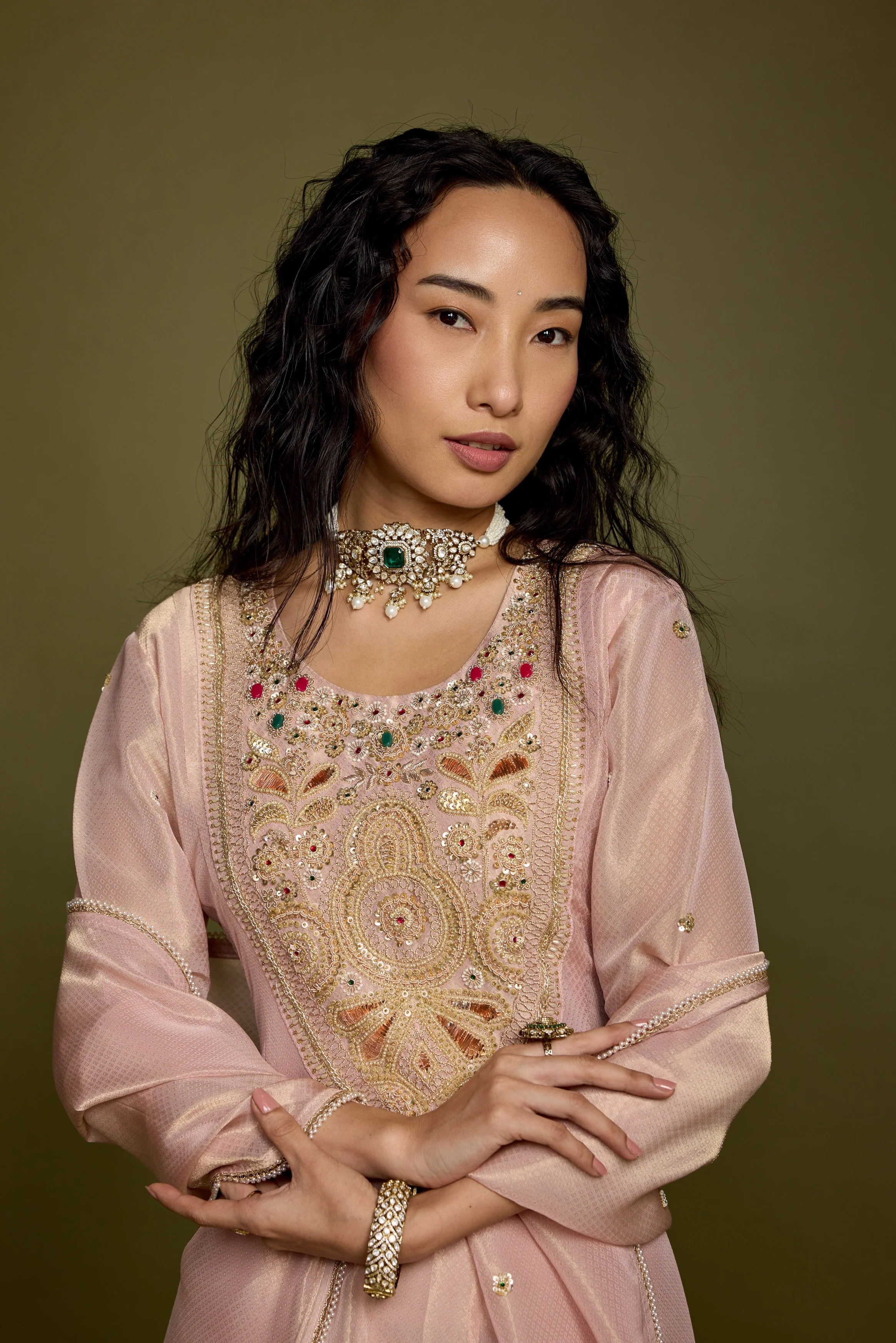 Rose Gold Embellished Shimmer Organza Silk Anarkali Set - Image 2