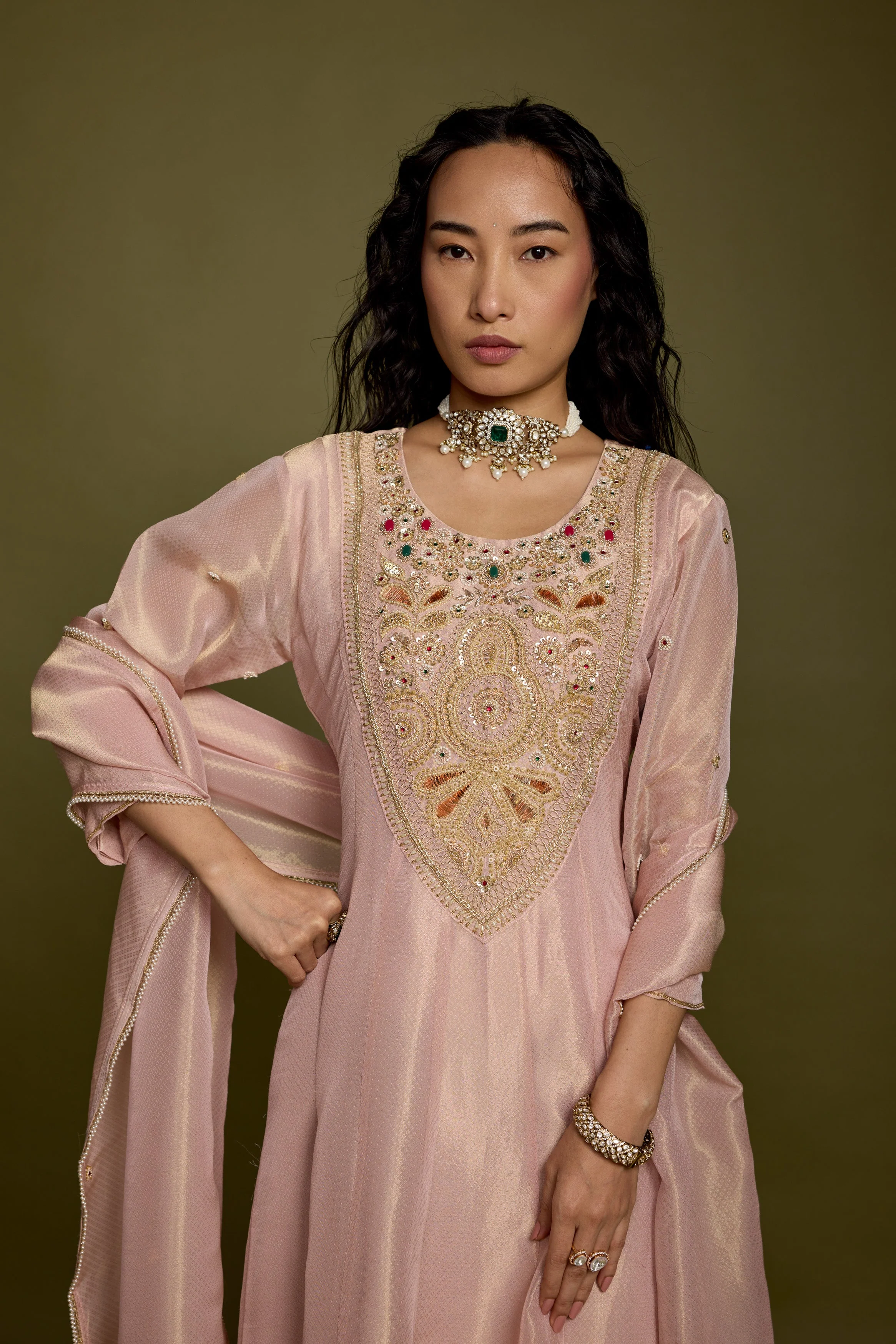 Rose Gold Embellished Shimmer Organza Silk Anarkali Set - Image 3