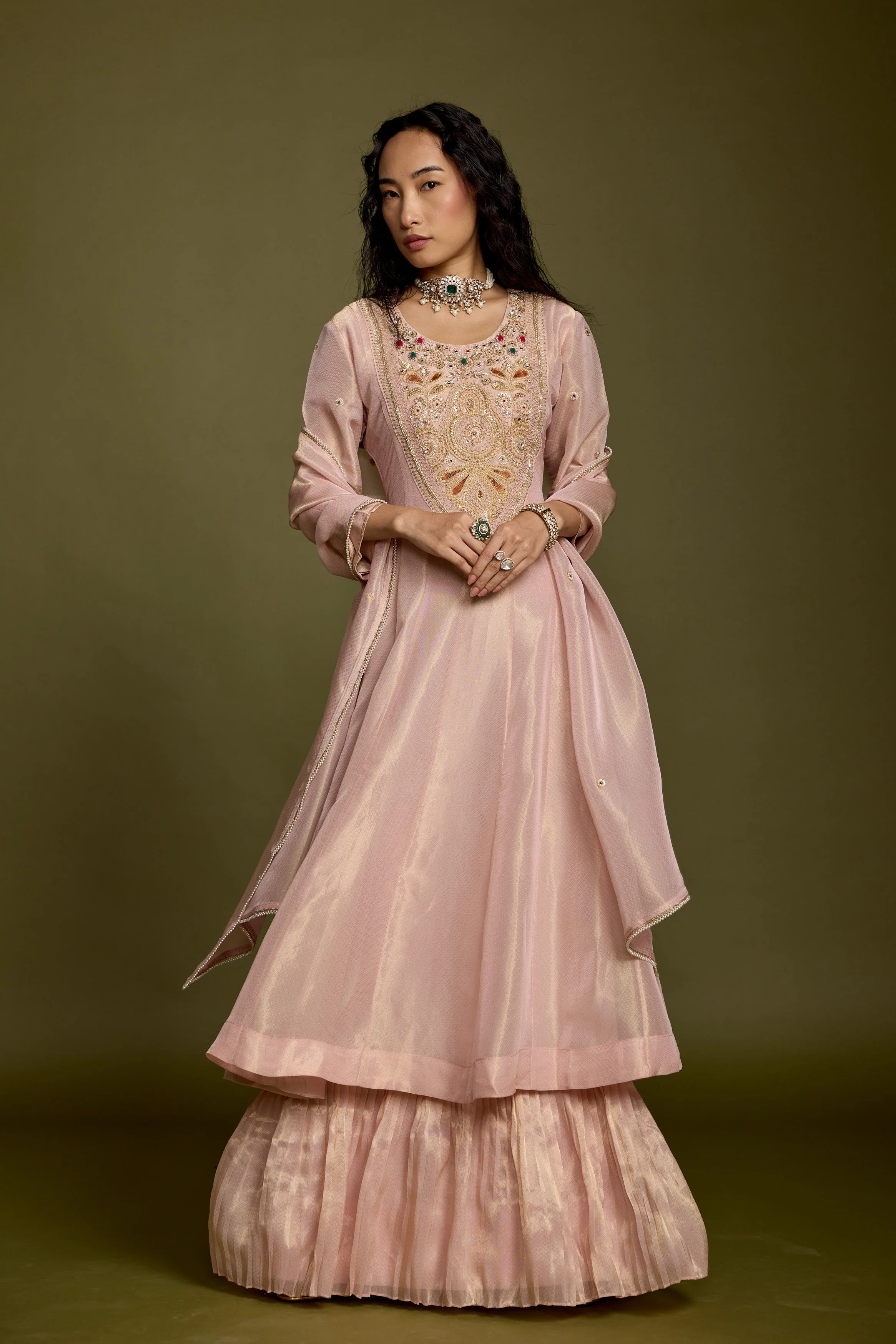Rose Gold Embellished Shimmer Organza Silk Anarkali Set - Image 4