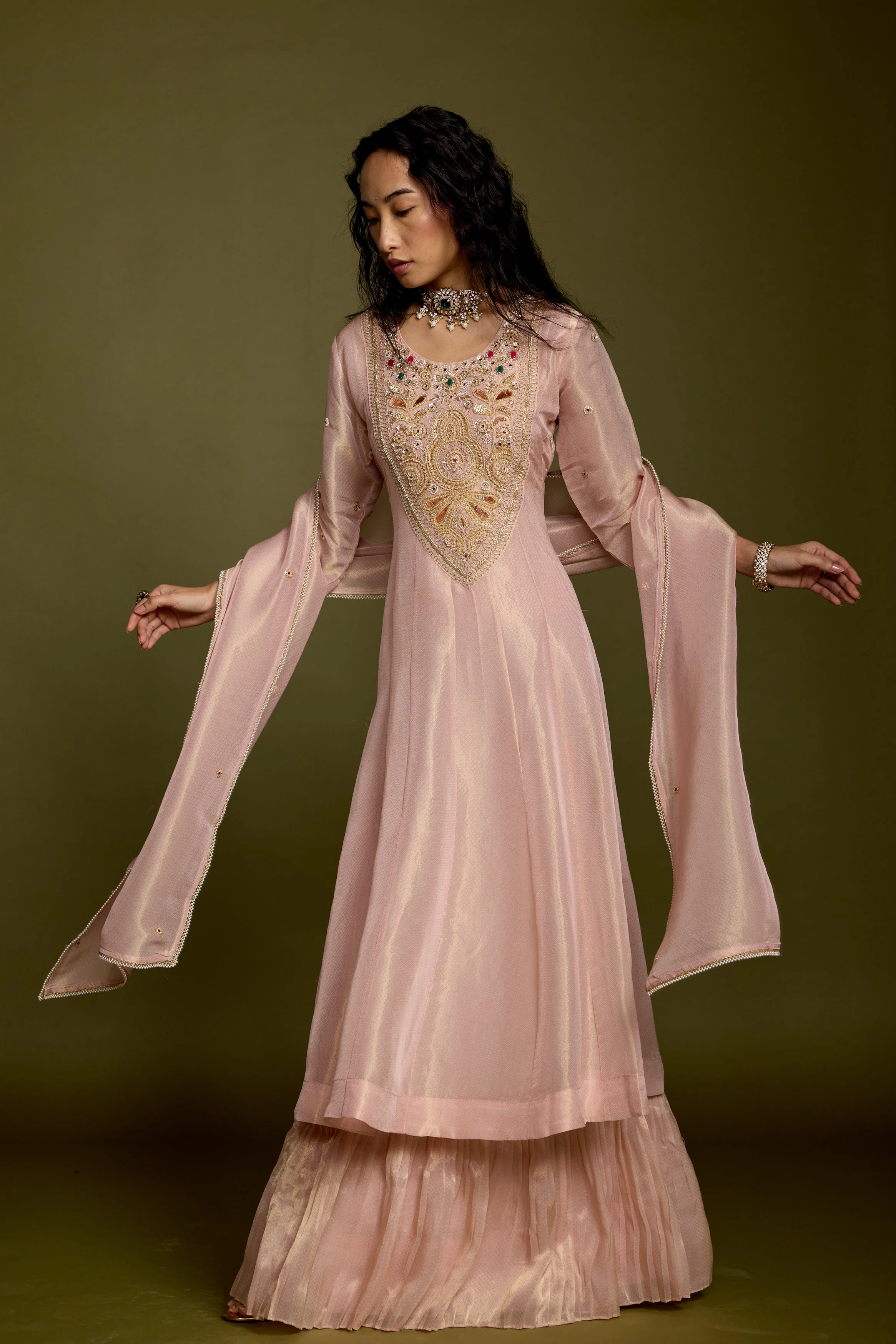 Rose Gold Embellished Shimmer Organza Silk Anarkali Set - Image 5
