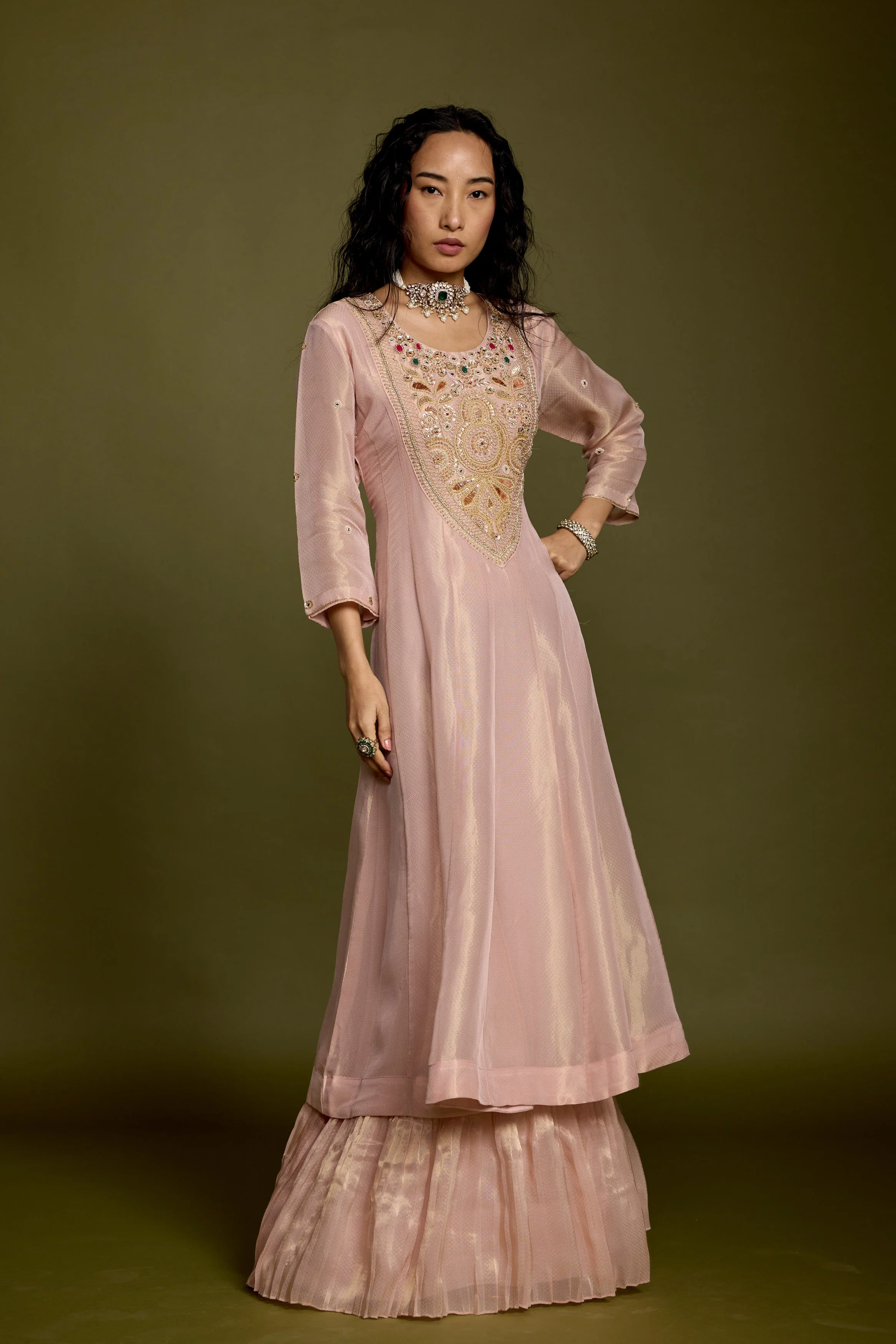 Rose Gold Embellished Shimmer Organza Silk Anarkali Set - Image 6