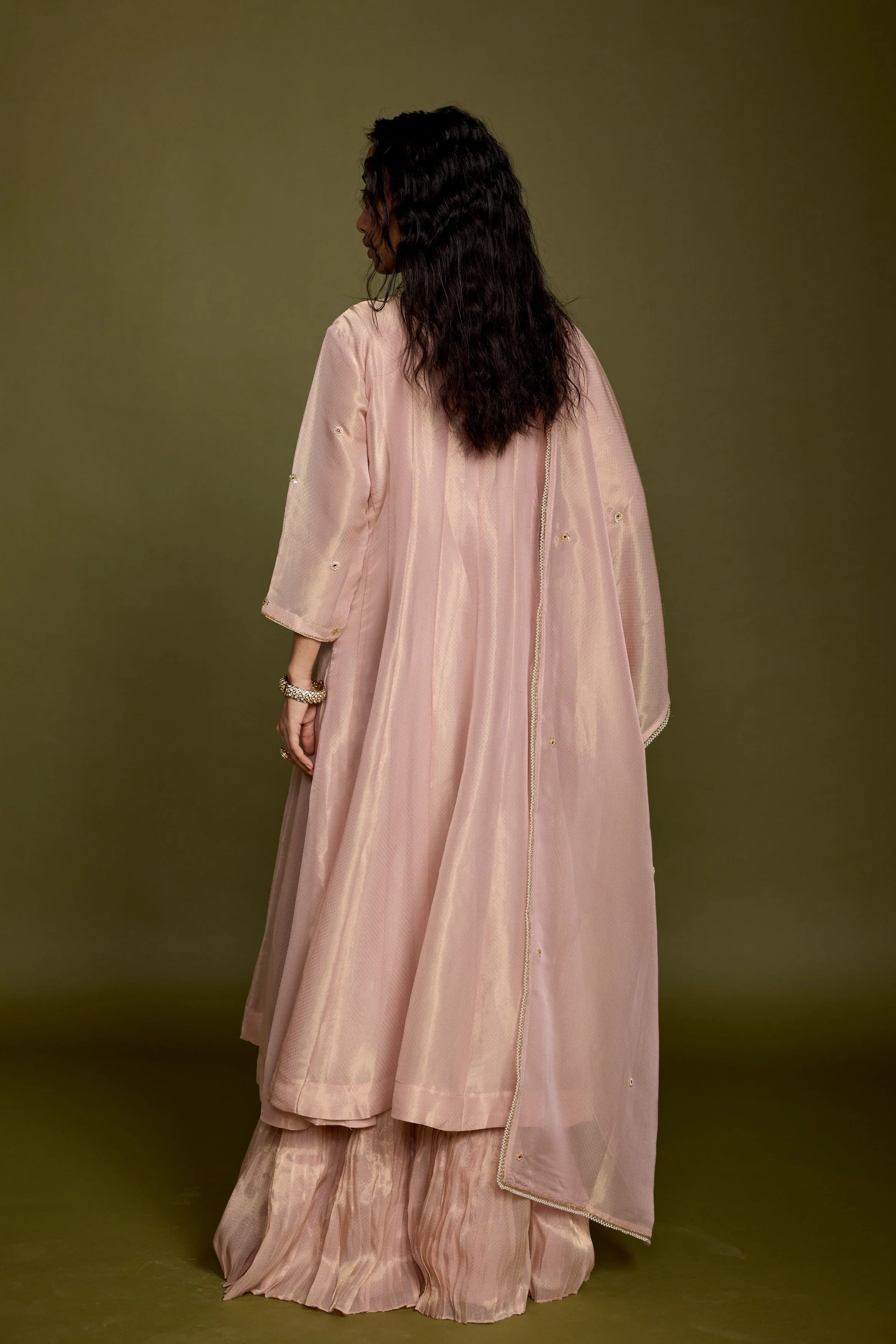 Rose Gold Embellished Shimmer Organza Silk Anarkali Set - Image 7